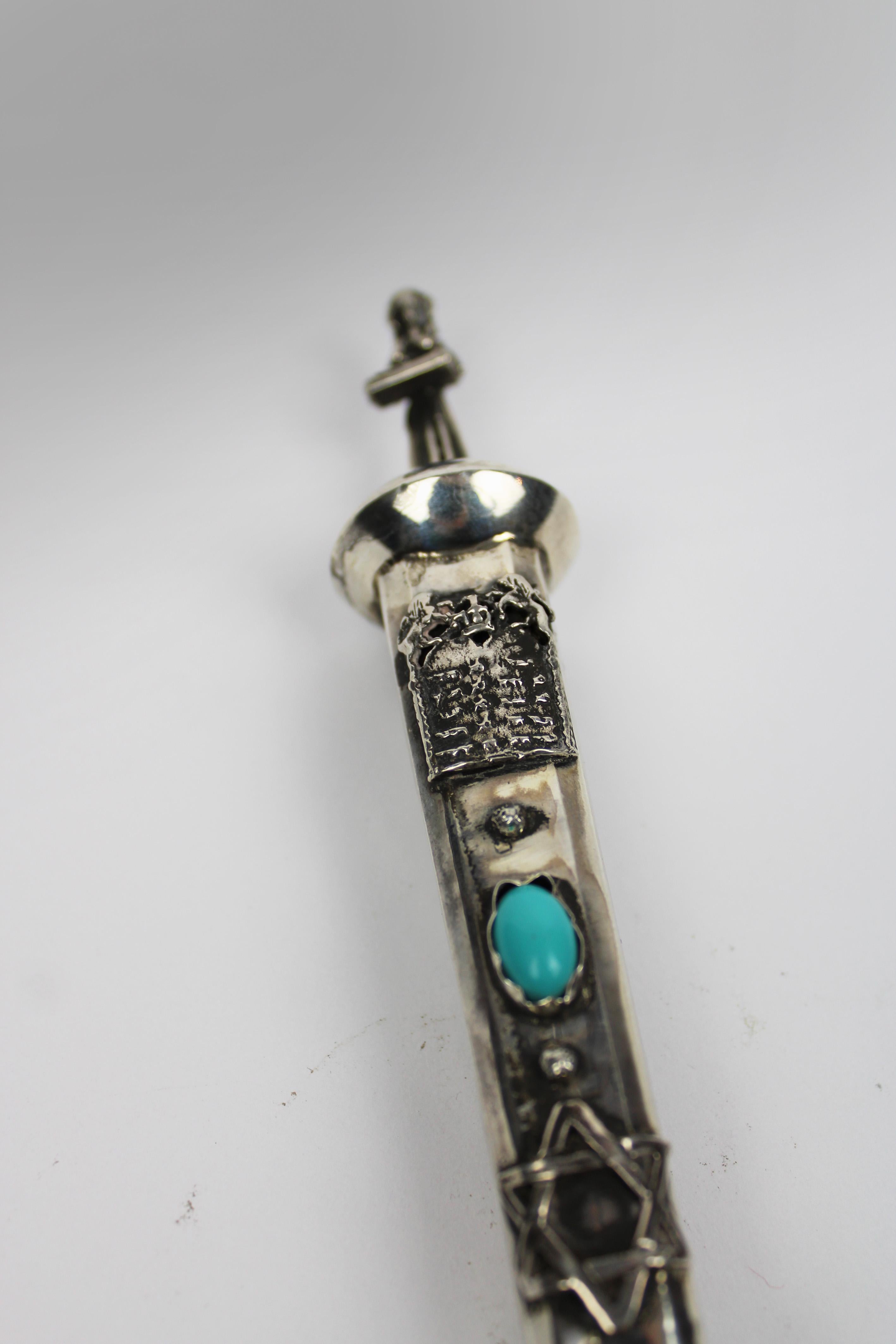 Silver Jewish Torah Pointer Yad Turquoise stone St Petersburg 1844 Russia In Good Condition For Sale In Antwerpen, BE