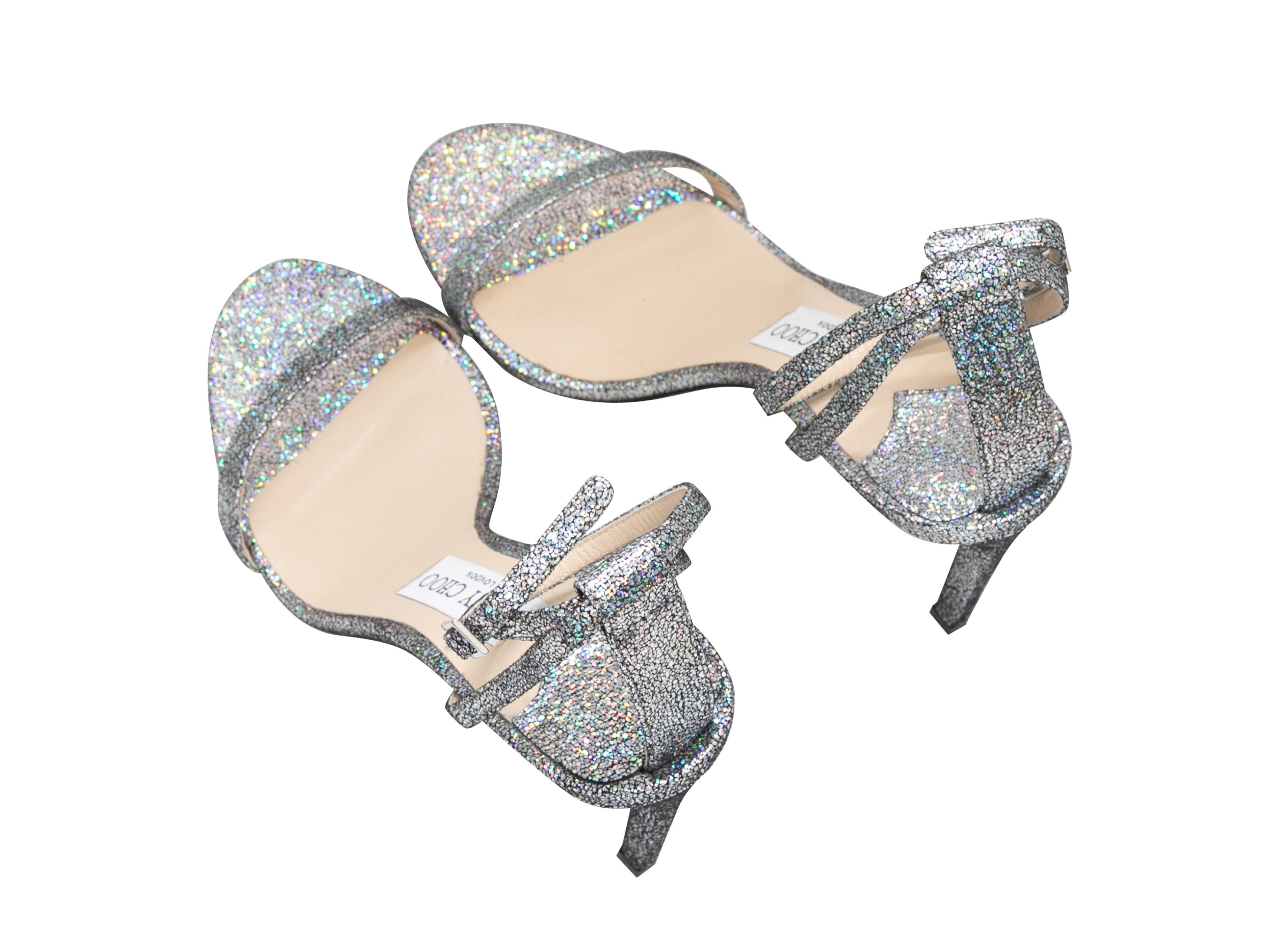 Silver Jimmy Choo Glitter Heeled Sandals Size 38 In Good Condition For Sale In New York, NY