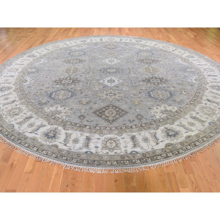 Silver Karajeh Design Pure Wool Hand Knotted Oriental Extra Large Round Rug