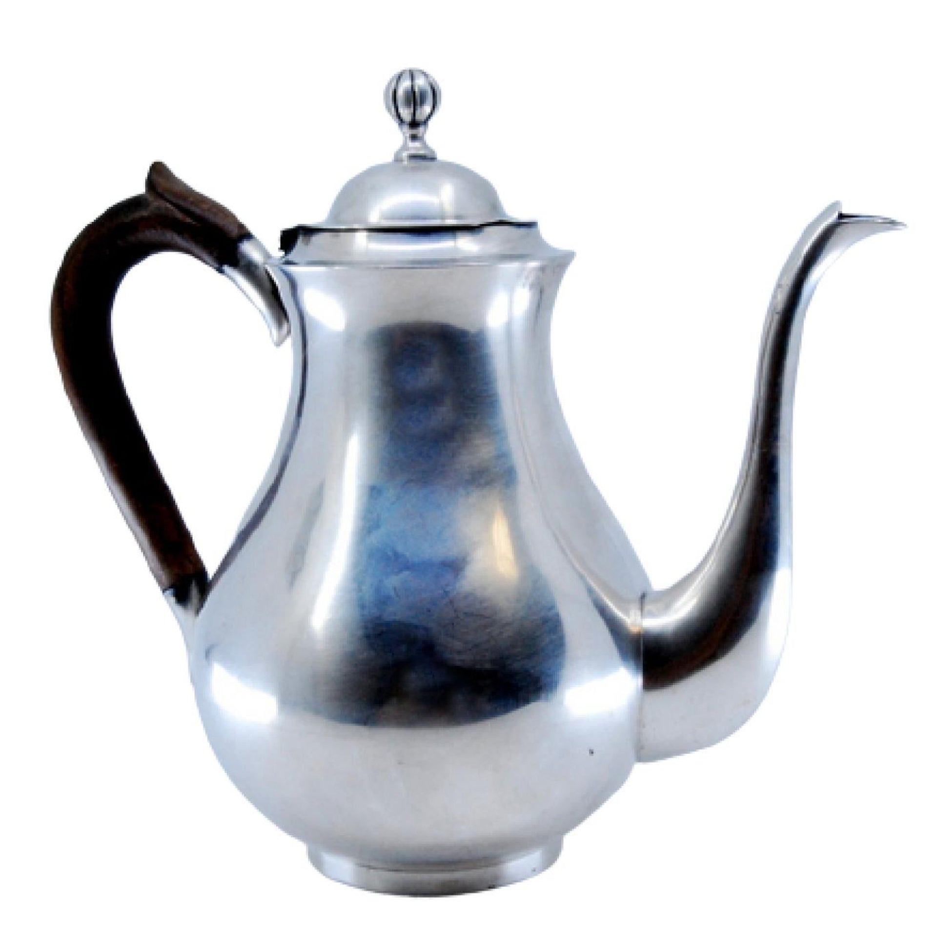 Silver kettle w/ a smooth body
a lid topped w/ a knob
a chestnut wood handle