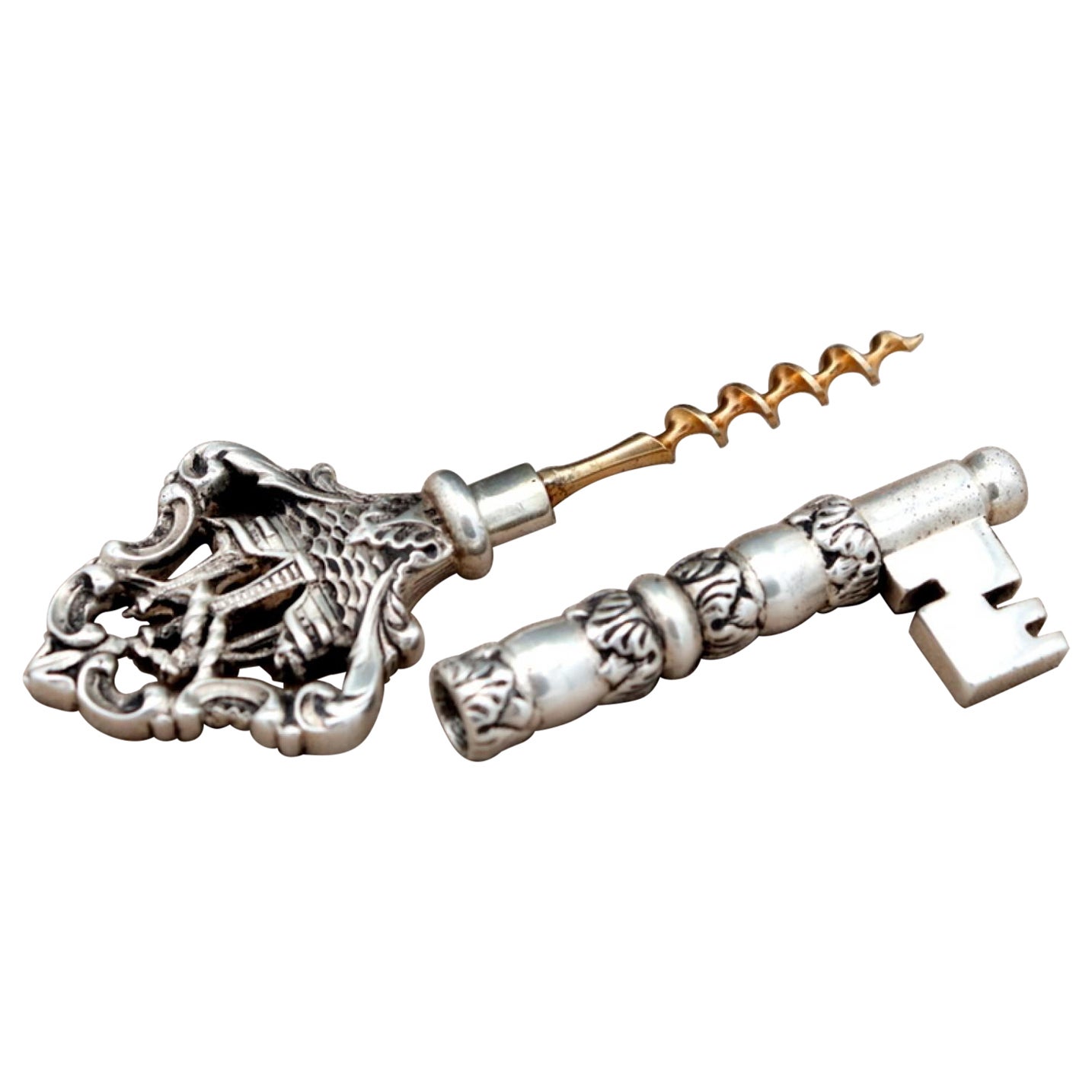 Silver key-shaped corkscrew For Sale