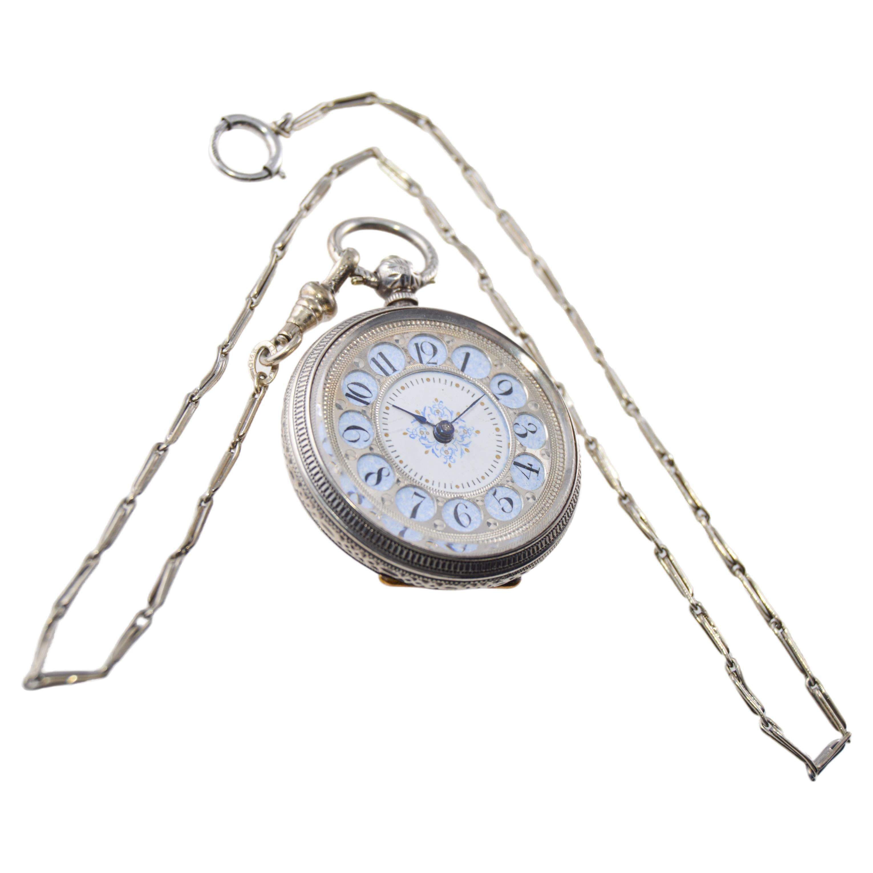 FACTORY / HOUSE: Pendant Style 
STYLE / REFERENCE: Open Faced Pendant Watch
METAL / MATERIAL: Sterling Silver
CIRCA / YEAR: 1880's
DIMENSIONS / SIZE: Diameter 34mm
MOVEMENT / CALIBER: Key Wind / 13 Jewels / Cylindrical Escapement
DIAL / HANDS: