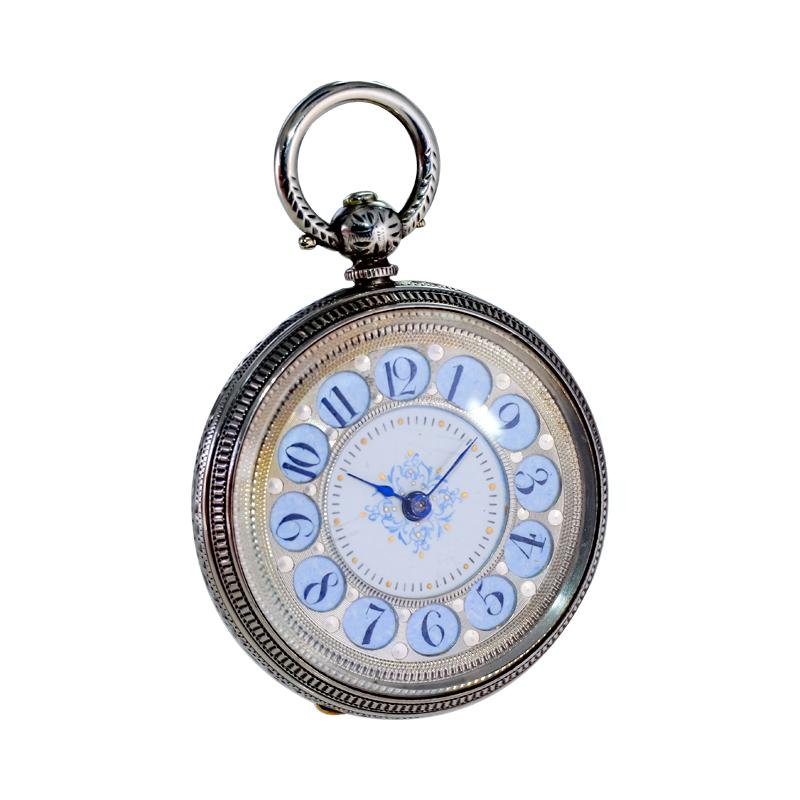 Art Nouveau Silver Keywind Pendant Watch with Cartouche Silver and Enamel Dial 1880's