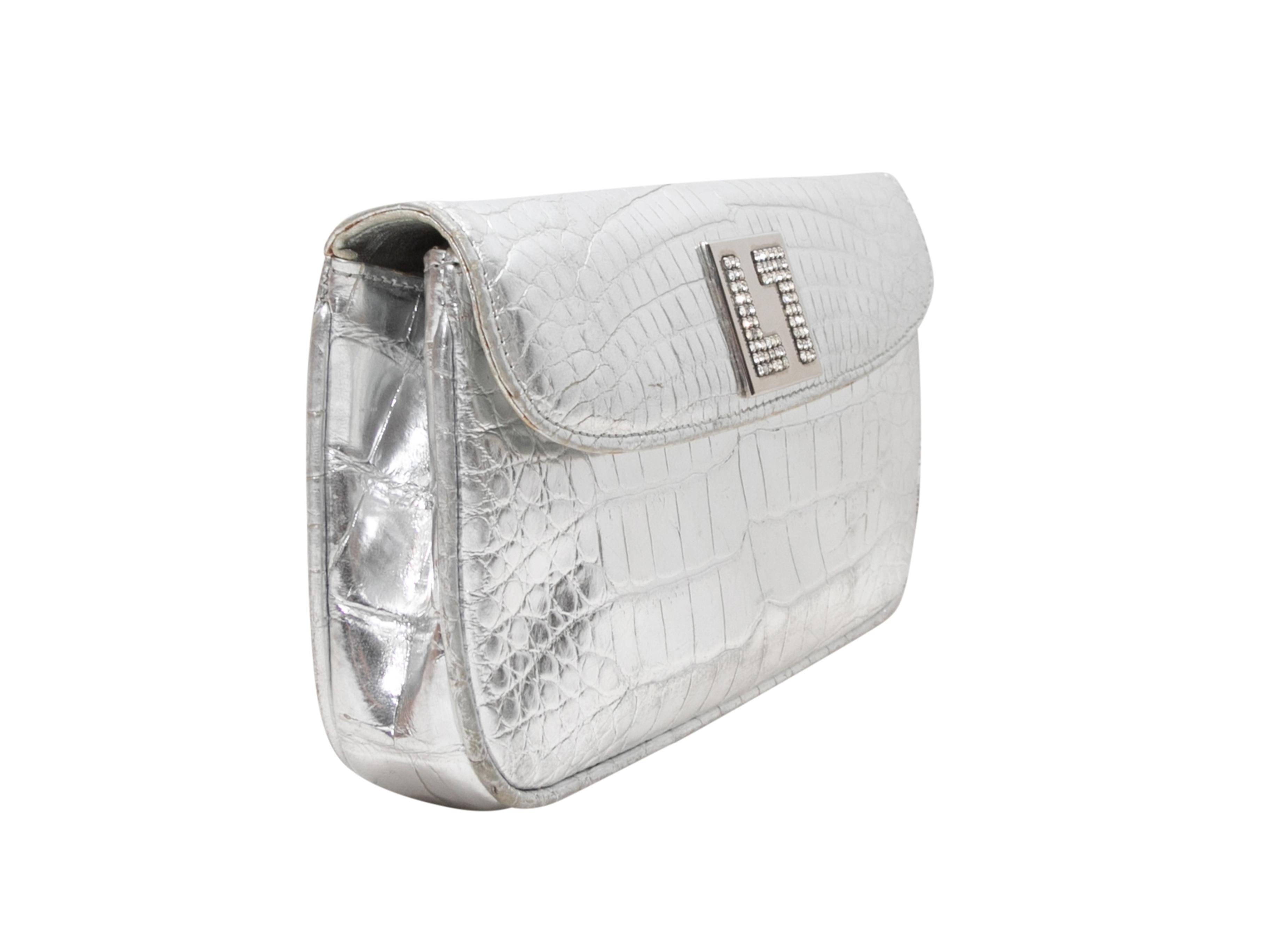  Silver Lana Marak Metallic Croc Shoulder Bag. This shoulder bag features a croc body, a single flat shoulder strap, and a crystal-embellished front flap closure. 9