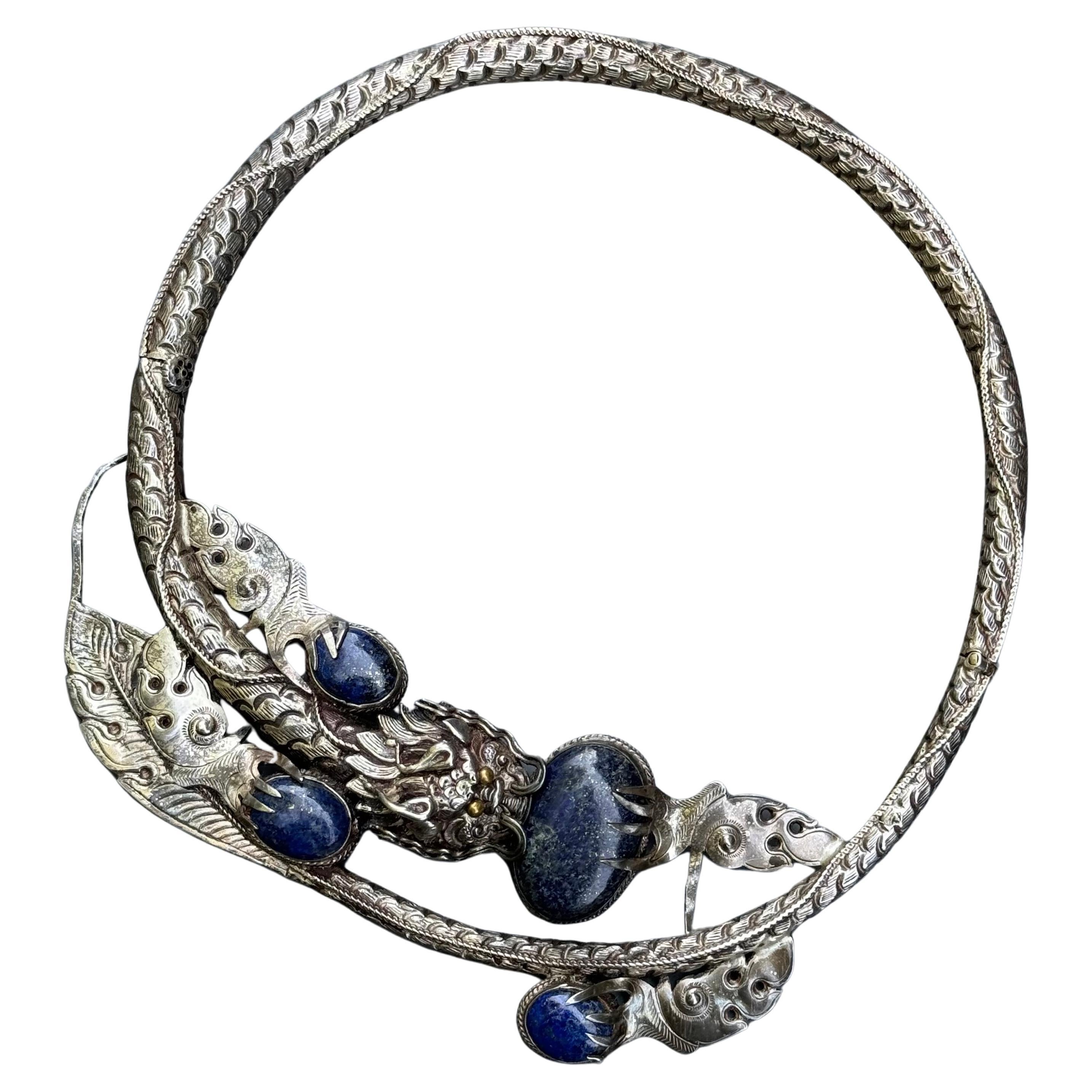 Silver Lapis Dragon Torque Necklace handmade