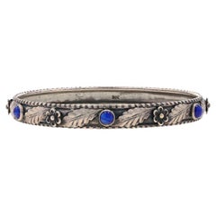 Silver Lapis Lazuli Vintage Bangle Bracelet 7 3/4" - 800 Cabochon Flower Garland