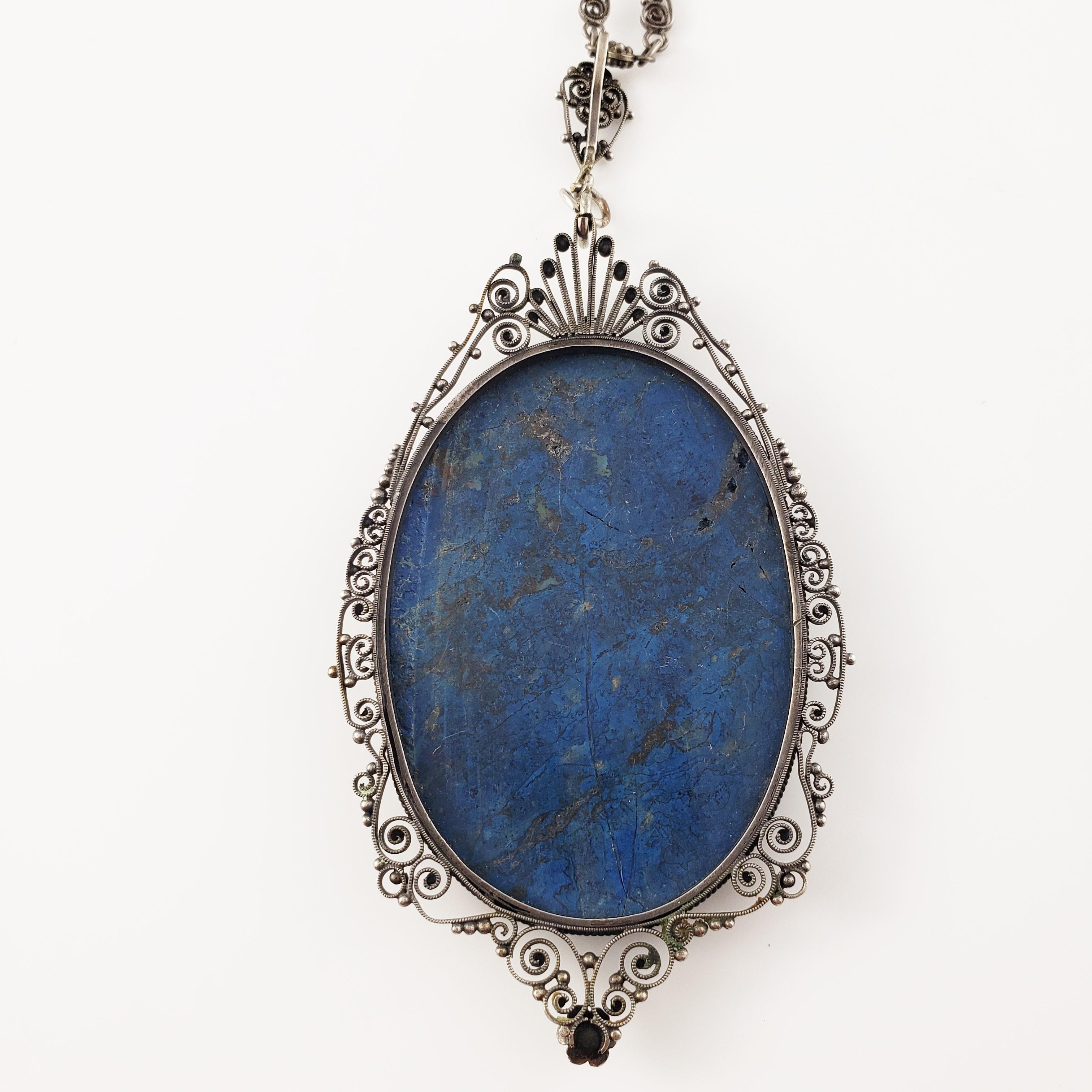 Cabochon Silver Large Filigree Lapis Pendant Necklace