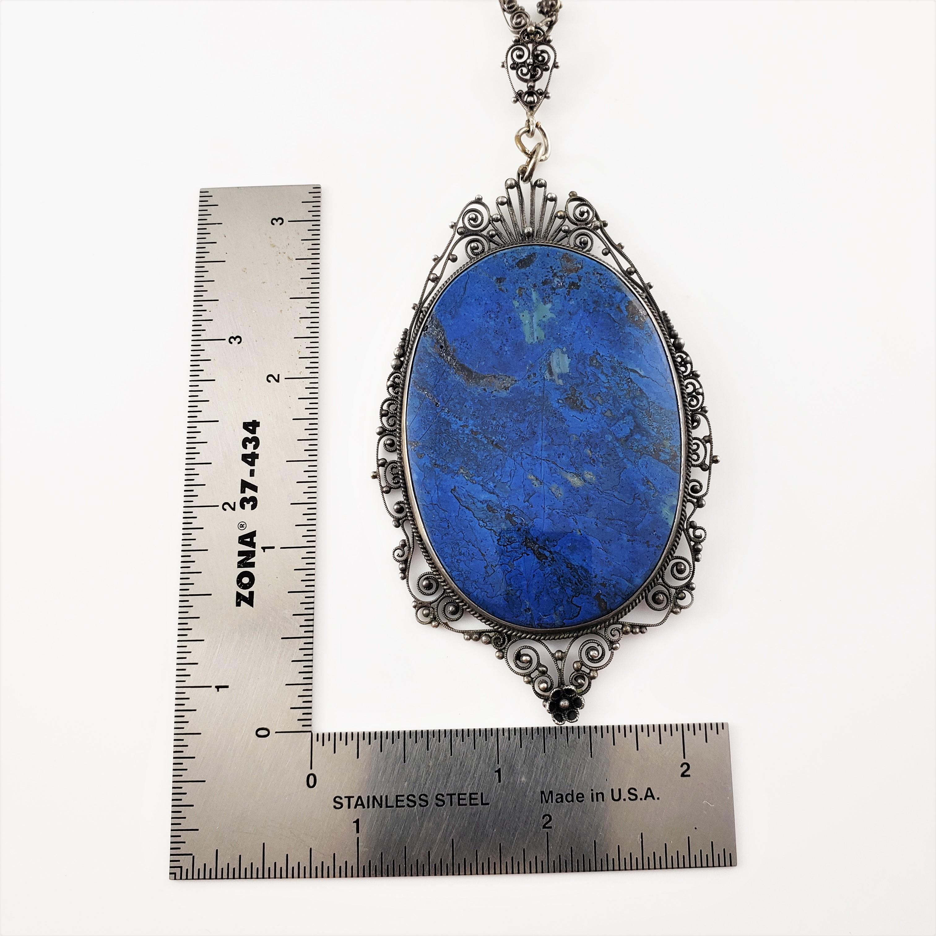 Silver Large Filigree Lapis Pendant Necklace In Good Condition In Washington Depot, CT