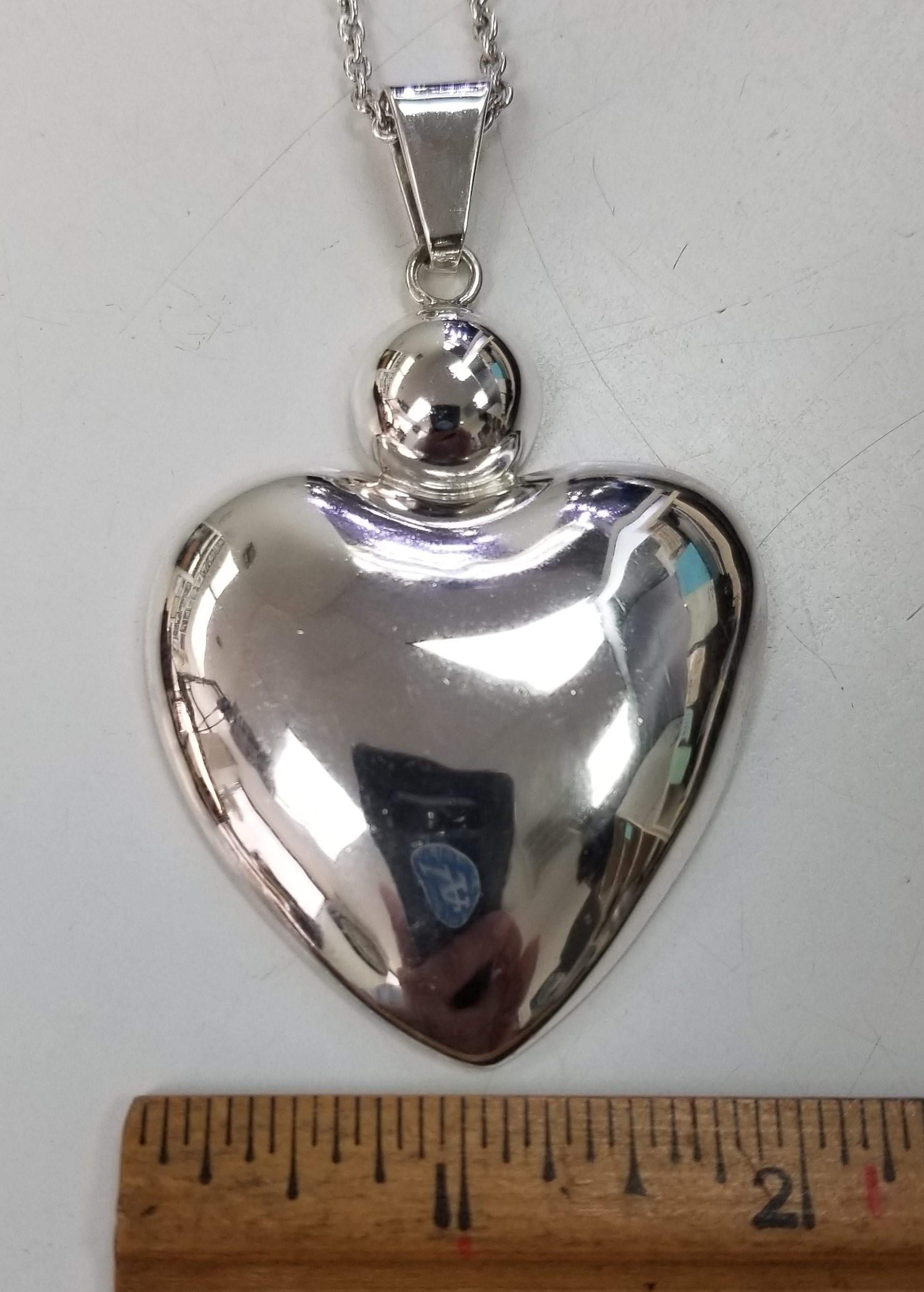 Silver Extra Large Puffed Heart Pendant 2 inch by 2 1/2 inch 46 Grams on a 22 inch link chain.