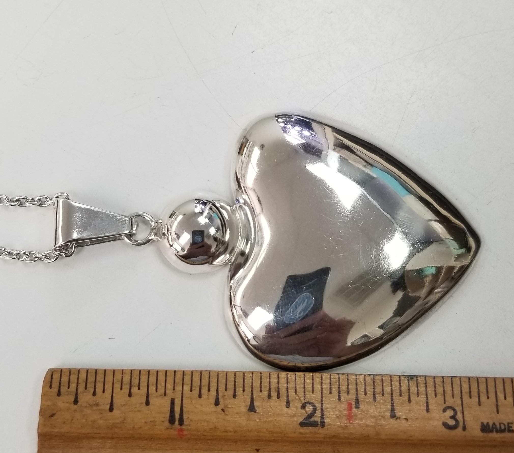 Contemporary Silver Extra Large Puffed Heart Pendant 2 inch by 2 1/2 inch 46 Grams For Sale