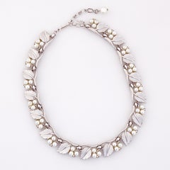 Silver Leaf and Pearl Cluster Choker Necklace By Crown Trifari, 1960s