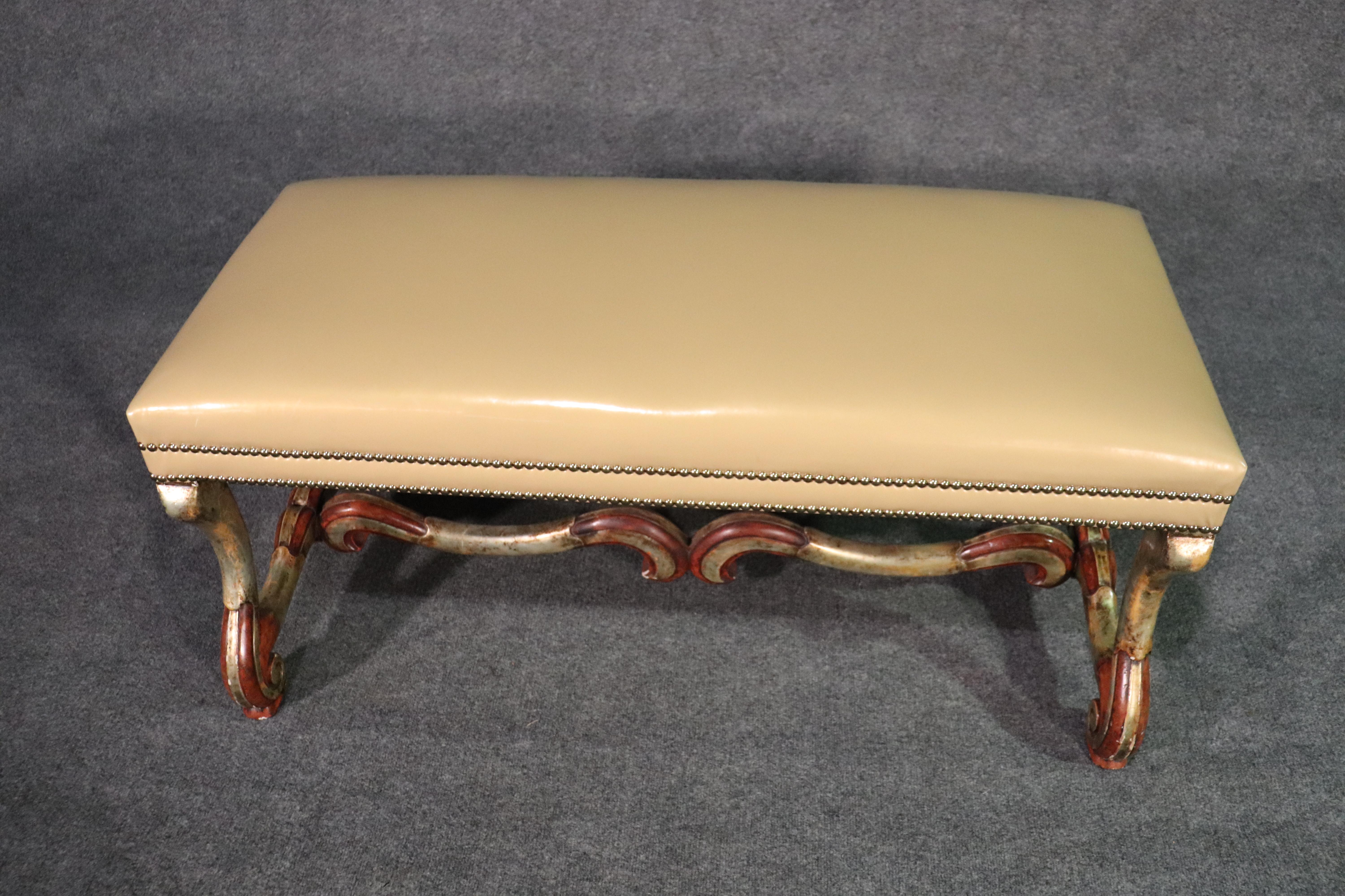 Silver Leaf and Red Bole French Mutton Leg Long Window Bench Stool Ottoman In Good Condition In Swedesboro, NJ