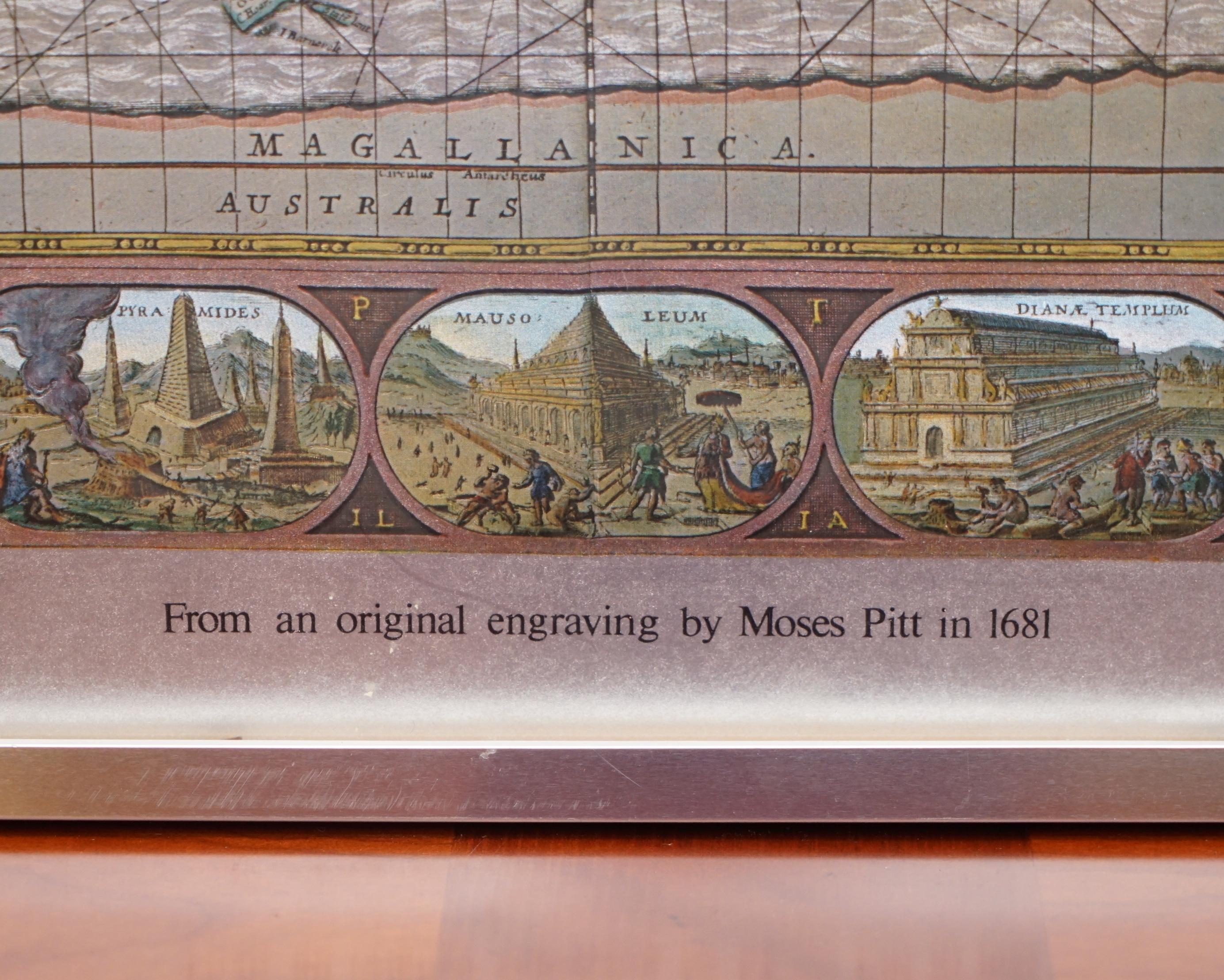 Silver Leaf Foil Wall World Map Engraving Based on the Original Moses Pitt, 1681 For Sale 2