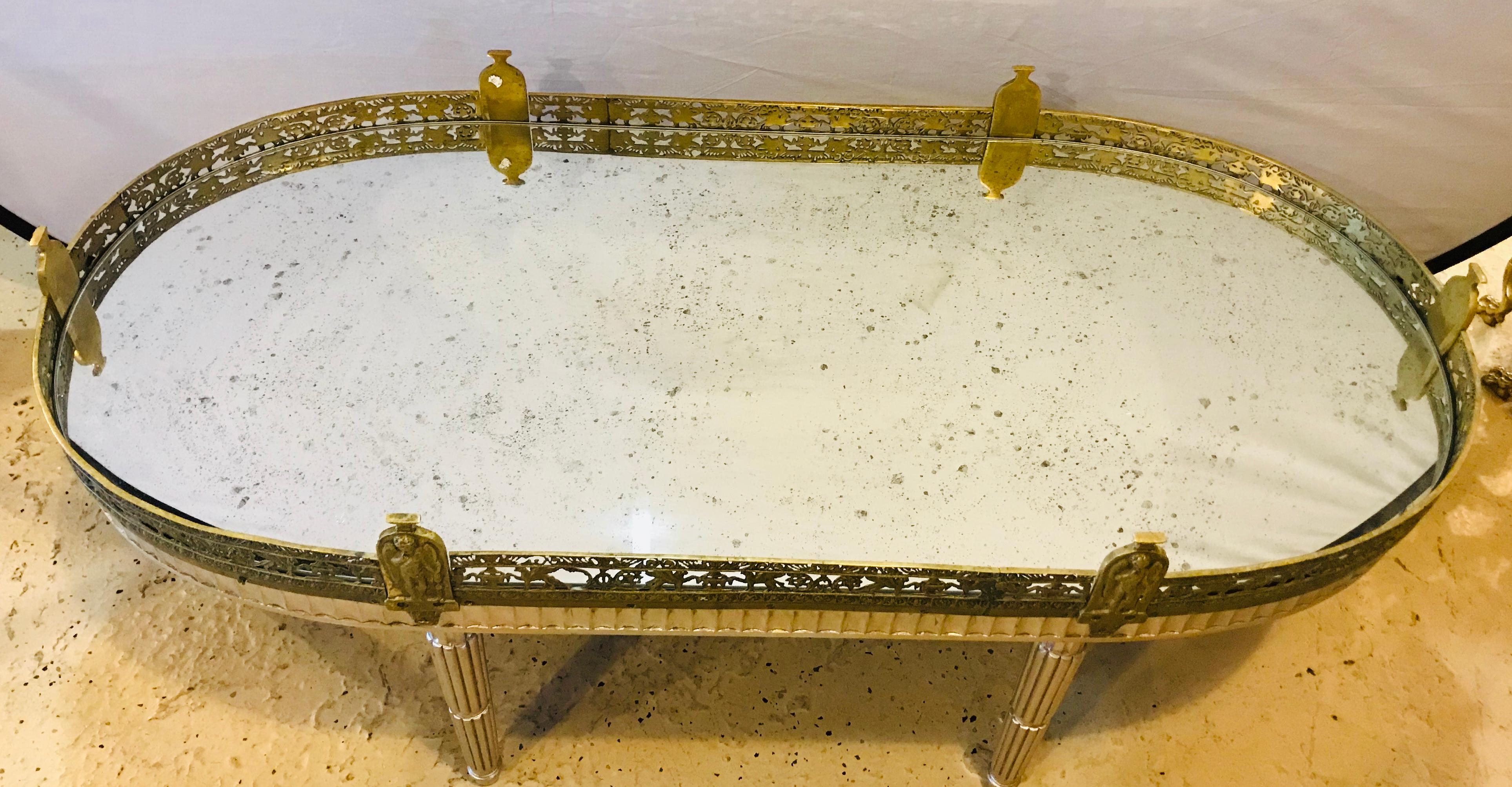 Silver Leaf French Louis XVI Style Gilt Bronze Mirrored Plateau or Coffee Table 4