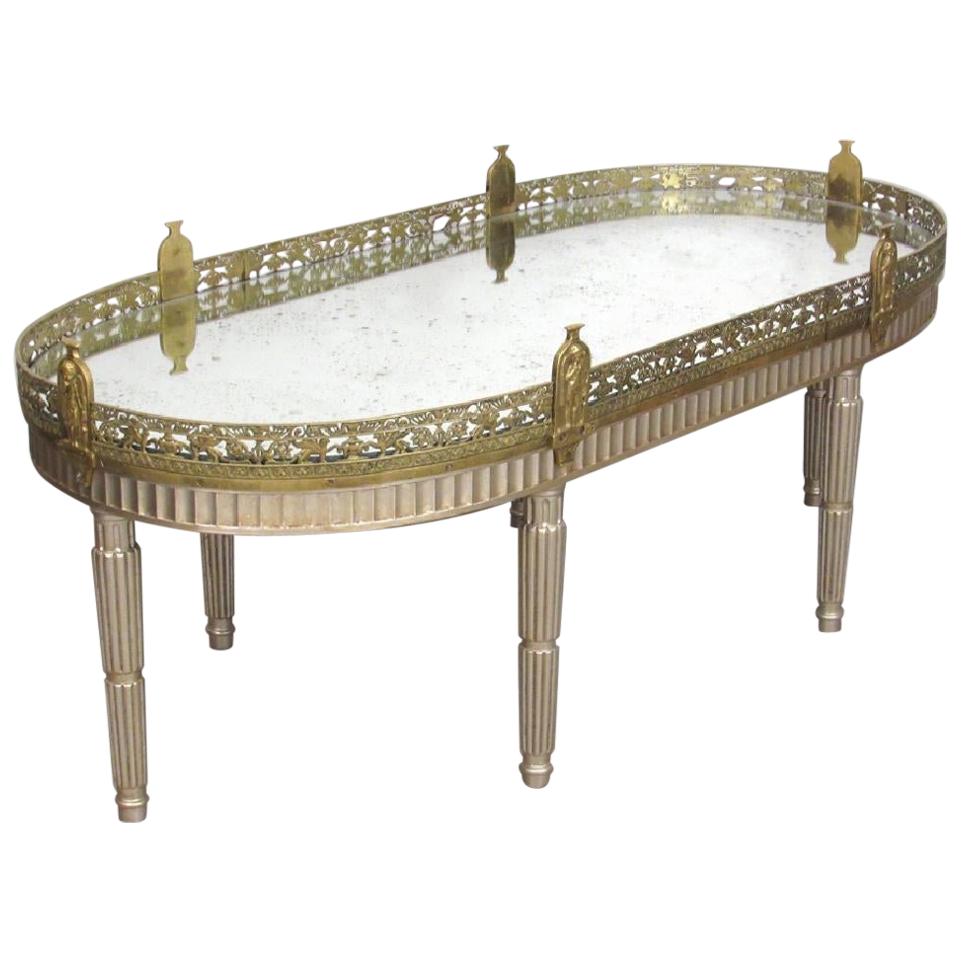 Silver Leaf French Louis XVI Style Gilt Bronze Mirrored Plateau or Coffee Table