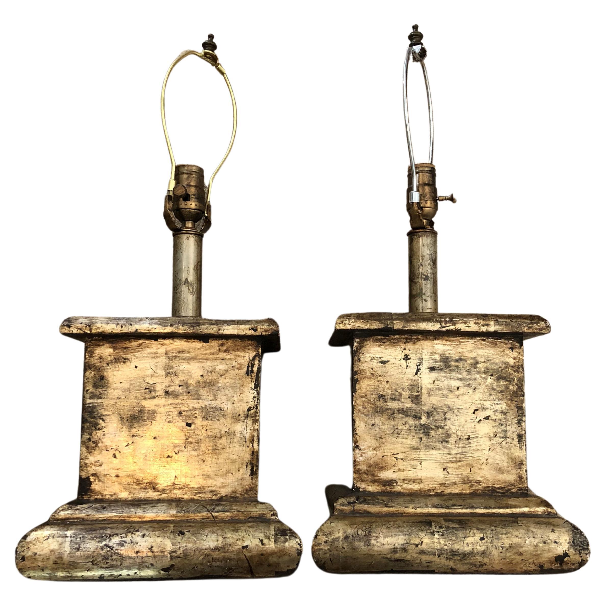 Pair of Antiqued Silver Leaf Hand Carved Lamp Bases