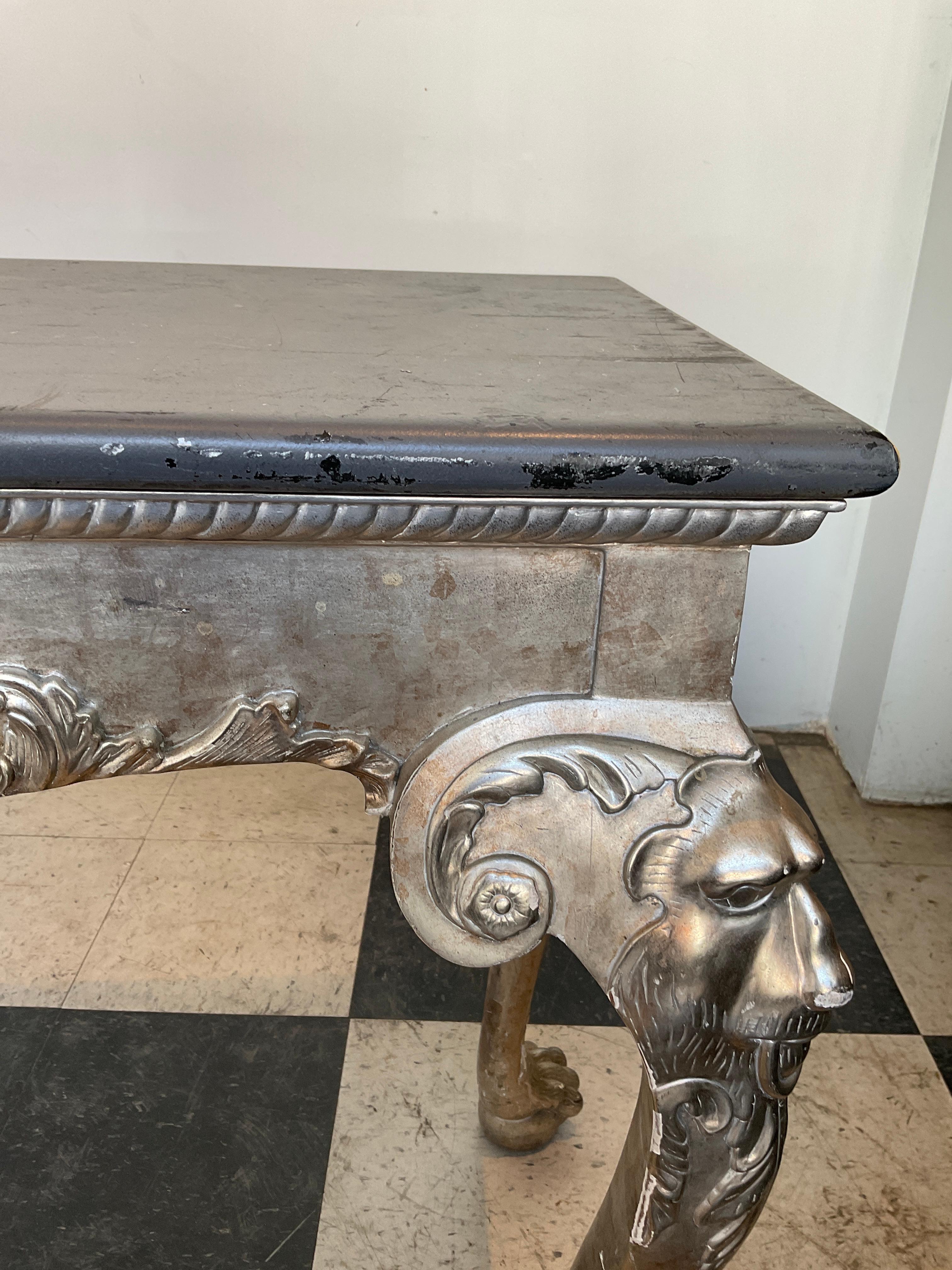 Silver Leaf Hand Carved Wood Lion Console Table For Sale 9