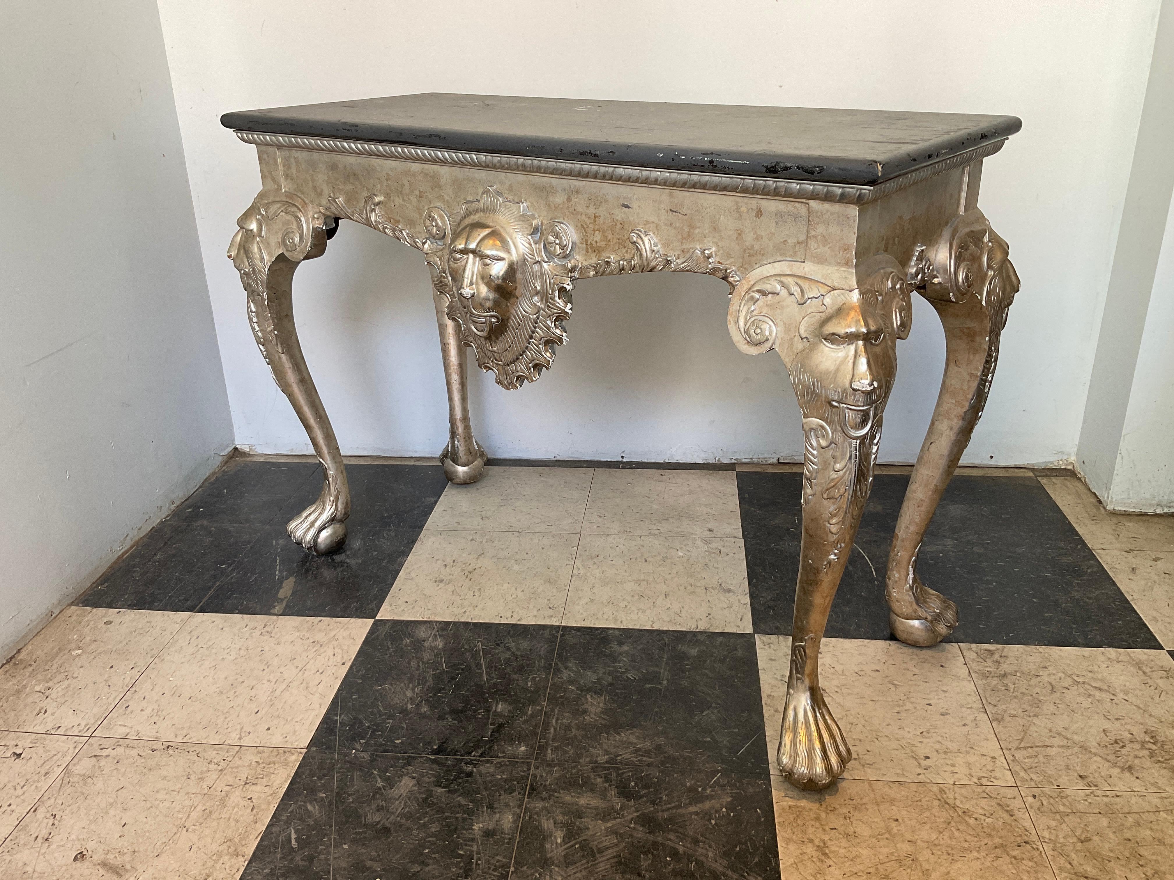 Late 20th Century Silver Leaf Hand Carved Wood Lion Console Table For Sale