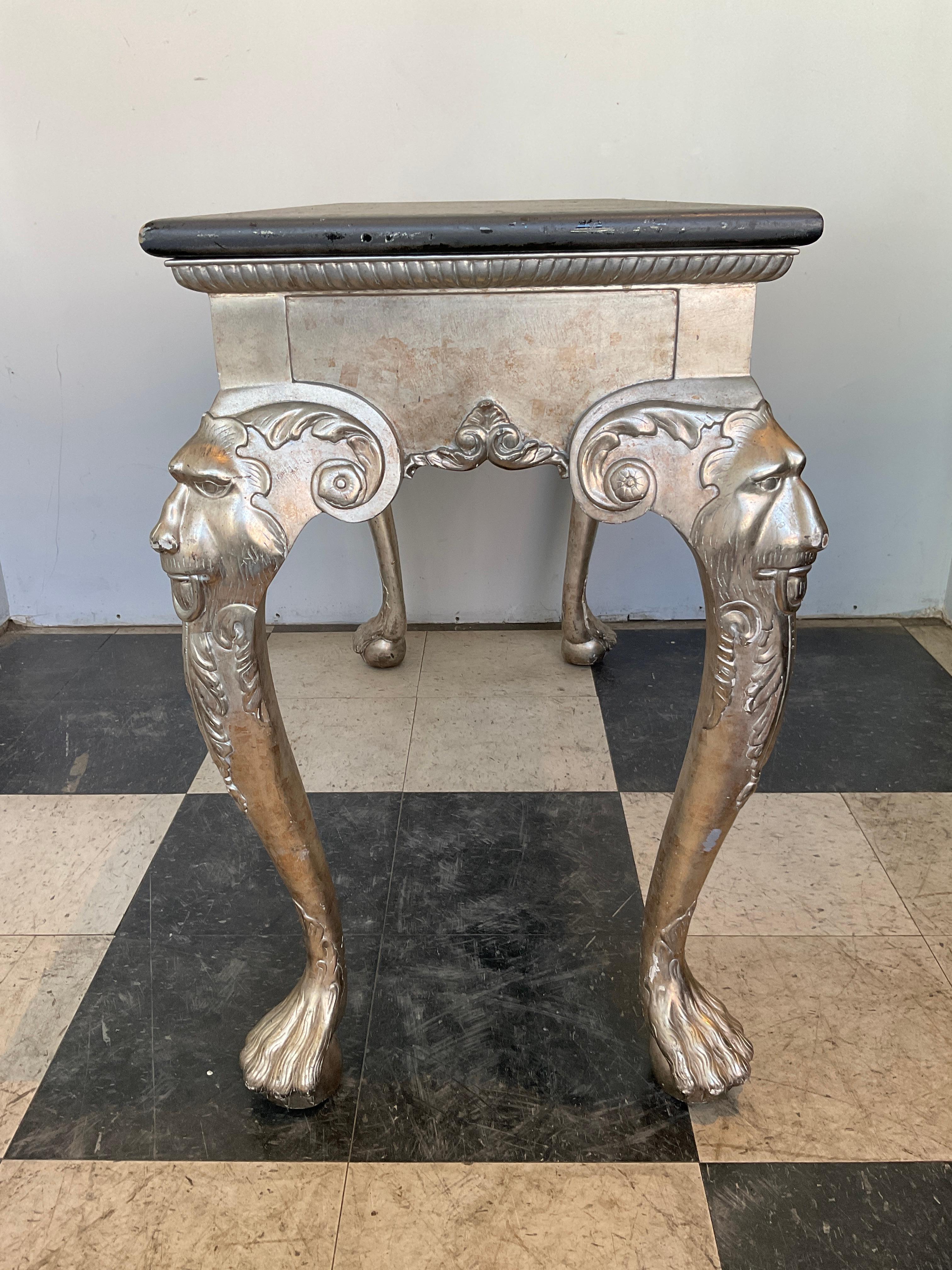 Silver Leaf Hand Carved Wood Lion Console Table For Sale 1