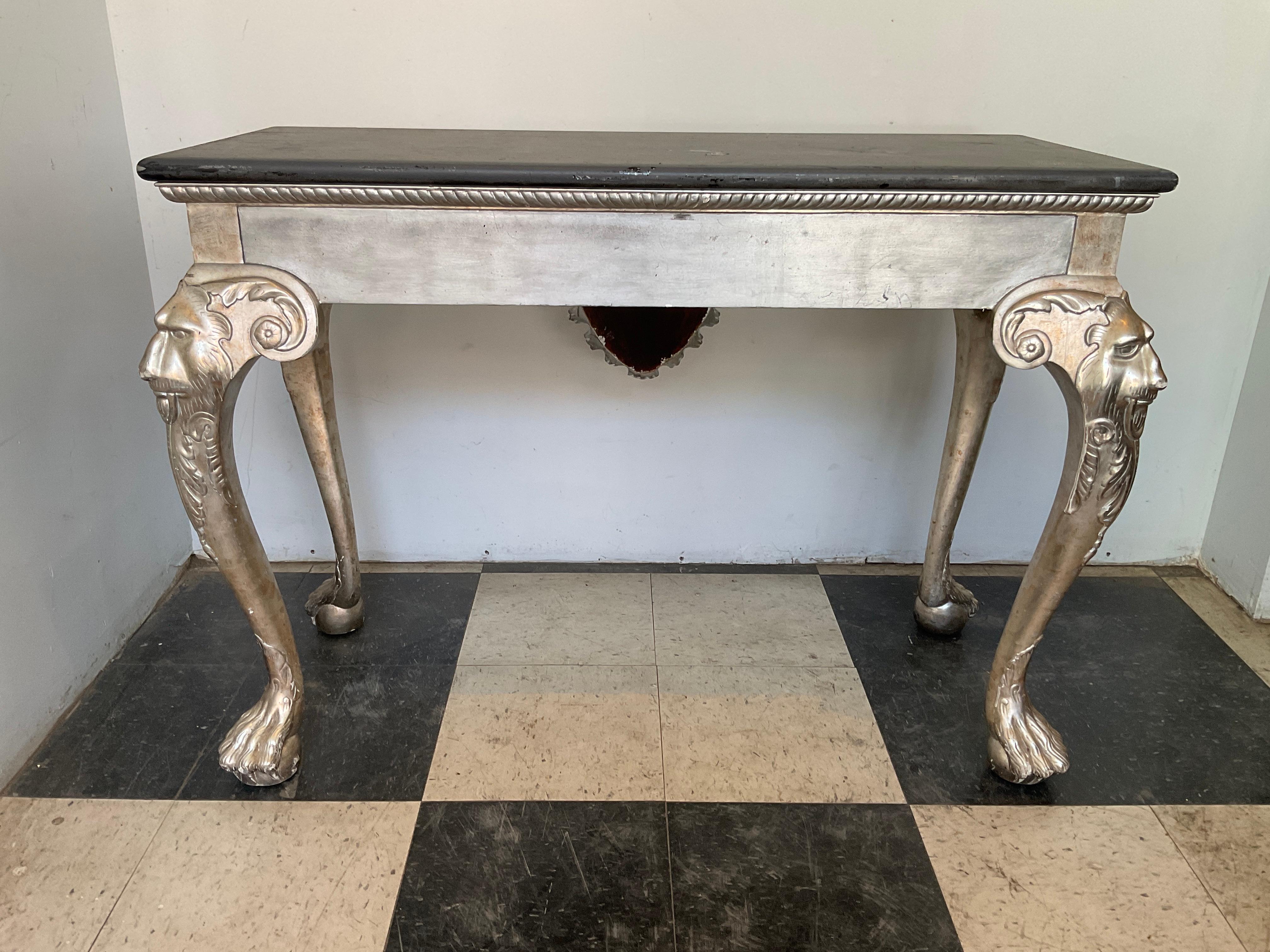 Silver Leaf Hand Carved Wood Lion Console Table For Sale 2