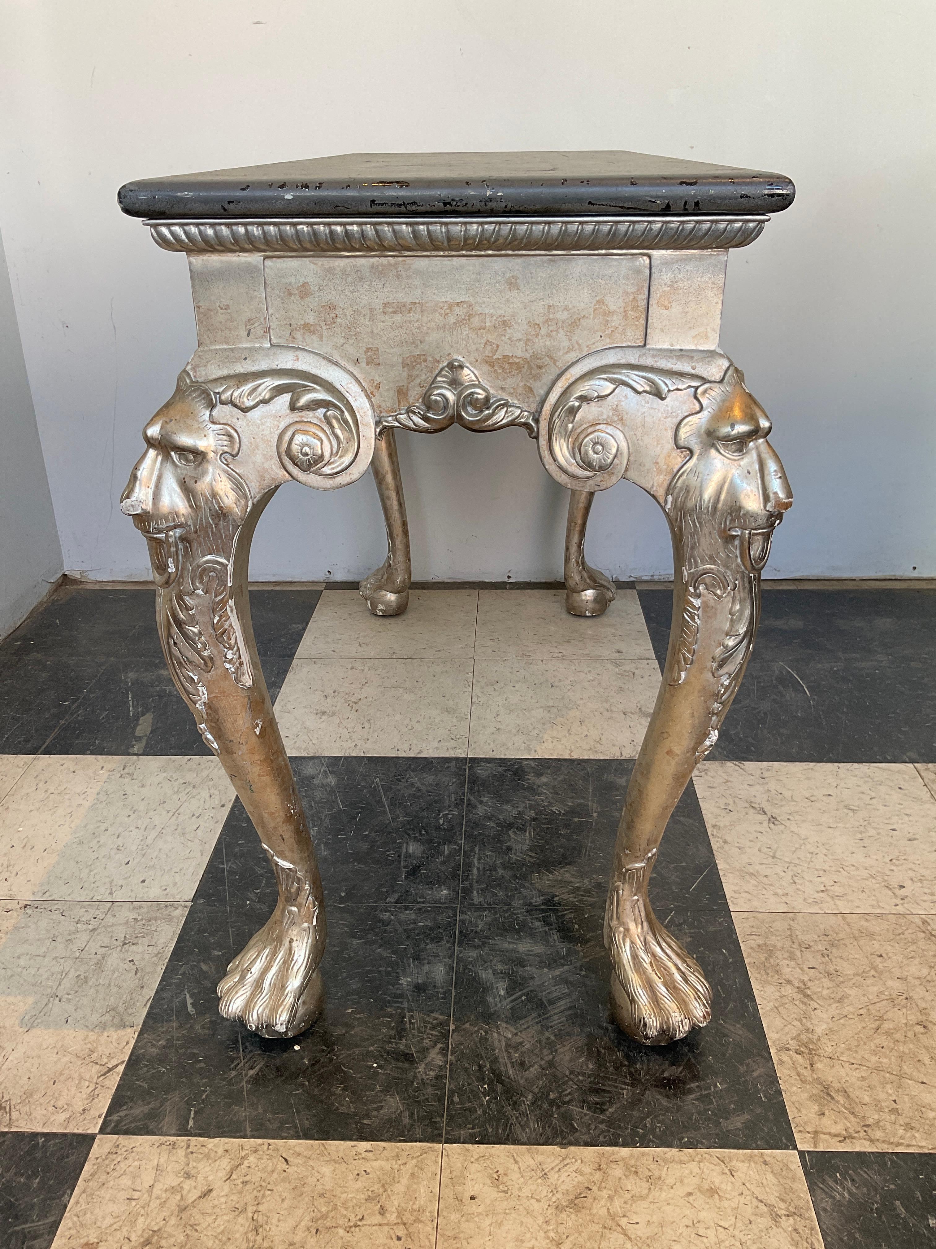 Silver Leaf Hand Carved Wood Lion Console Table For Sale 3