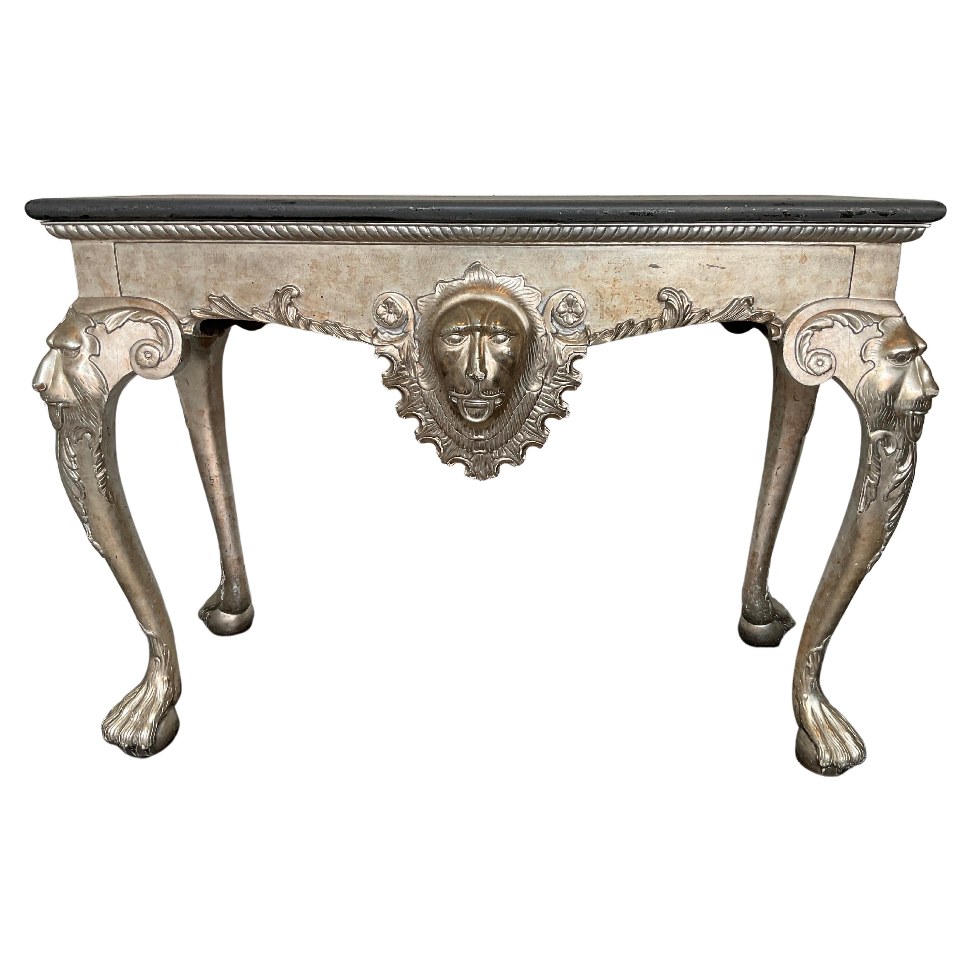 Silver Leaf Hand Carved Wood Lion Console Table