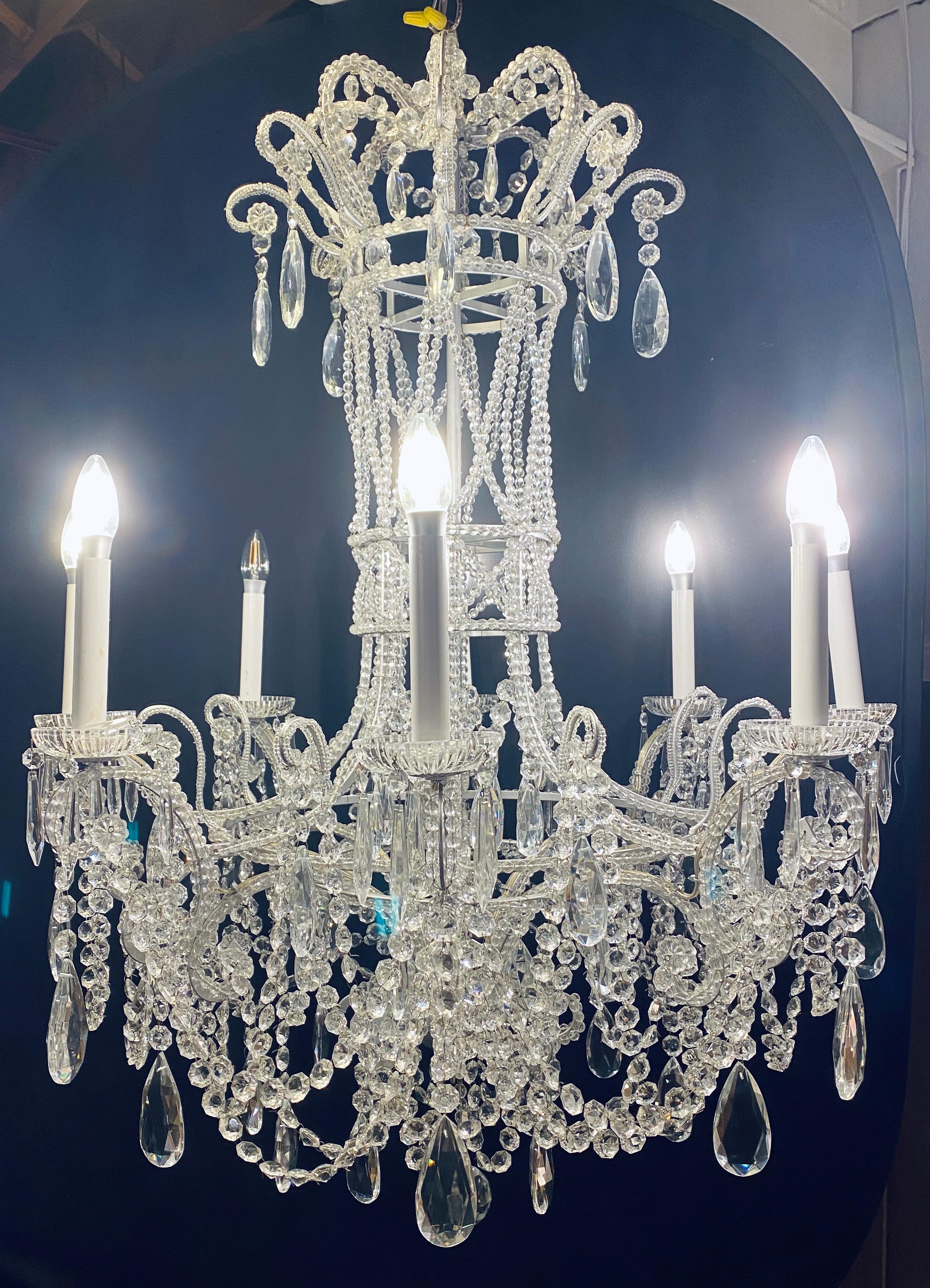 Victorian Silver Leaf Iron Chandelier with fine Crystal Bead and Pendant Decoration