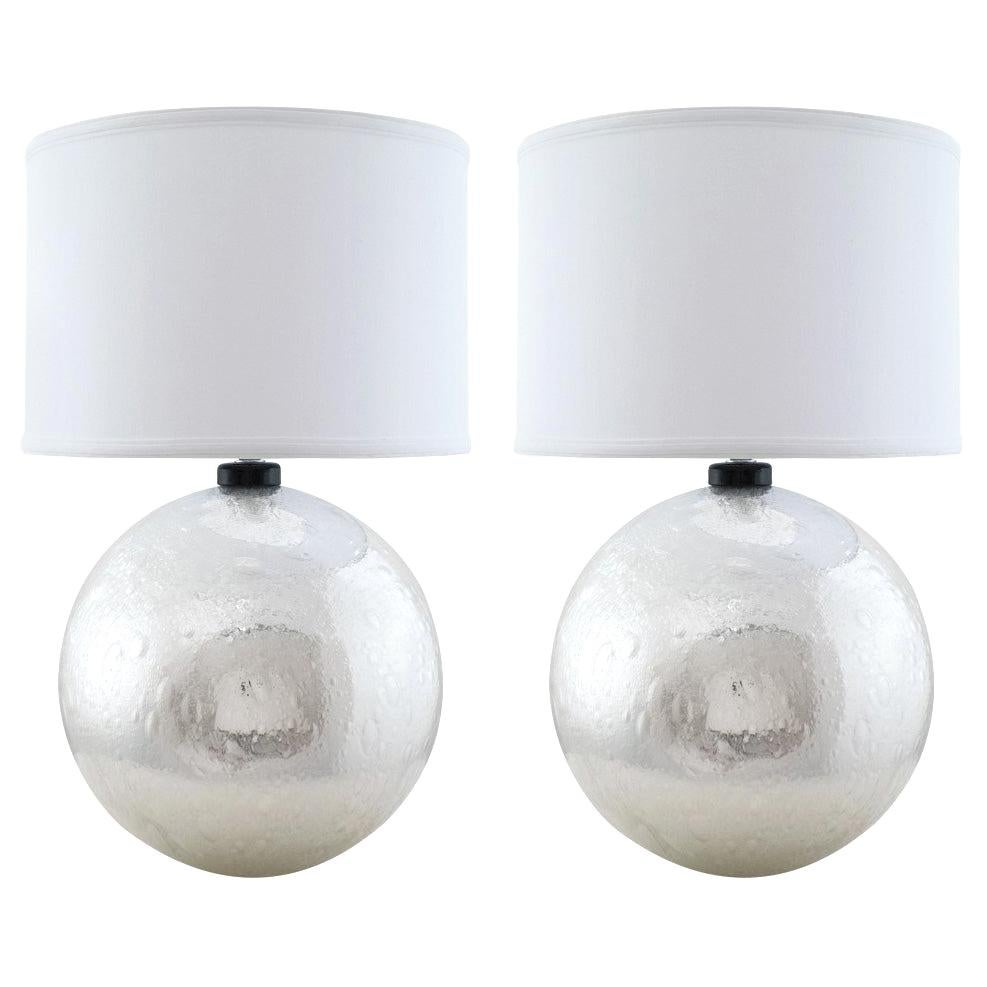 Silver Leaf Murano "Pulegoso" Glass Globe Lamps For Sale