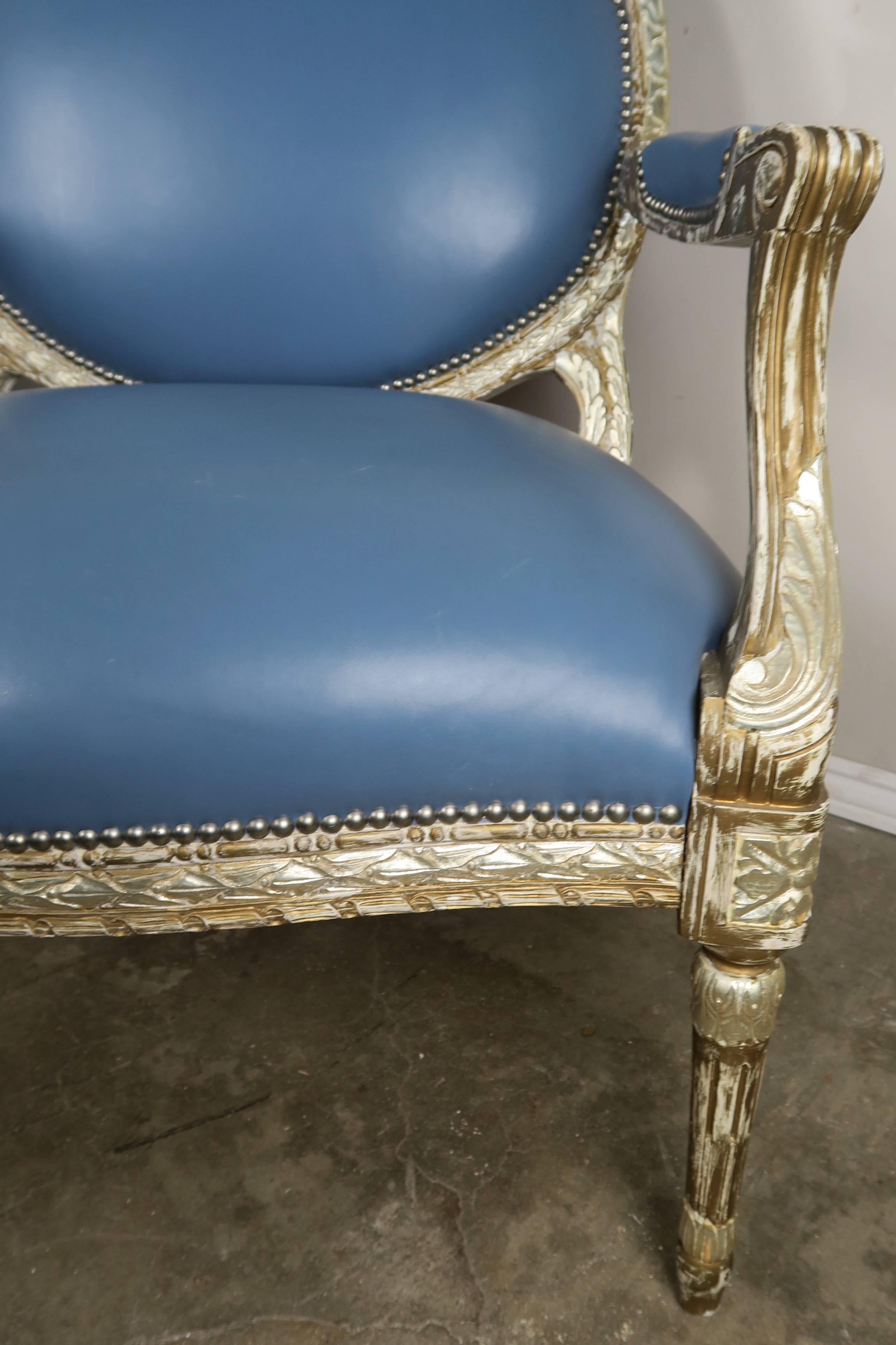 Silver Leaf Neoclassical Style Leather Armchairs, Pair 5