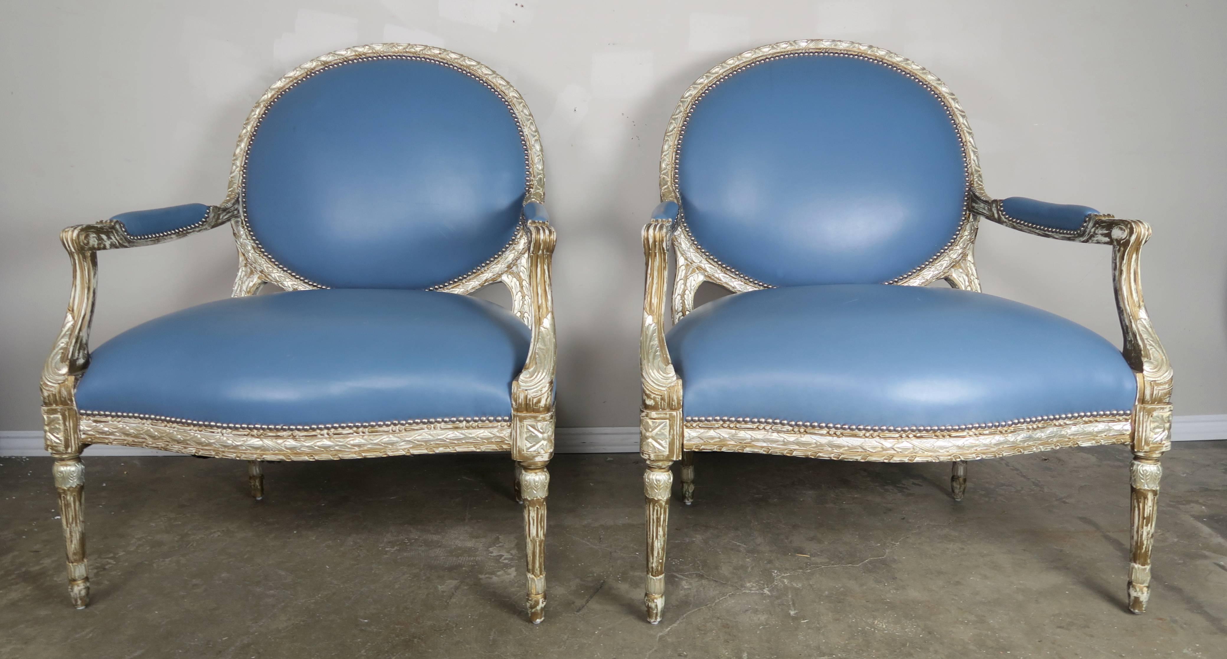 Silver Leaf Neoclassical Style Leather Armchairs, Pair 8