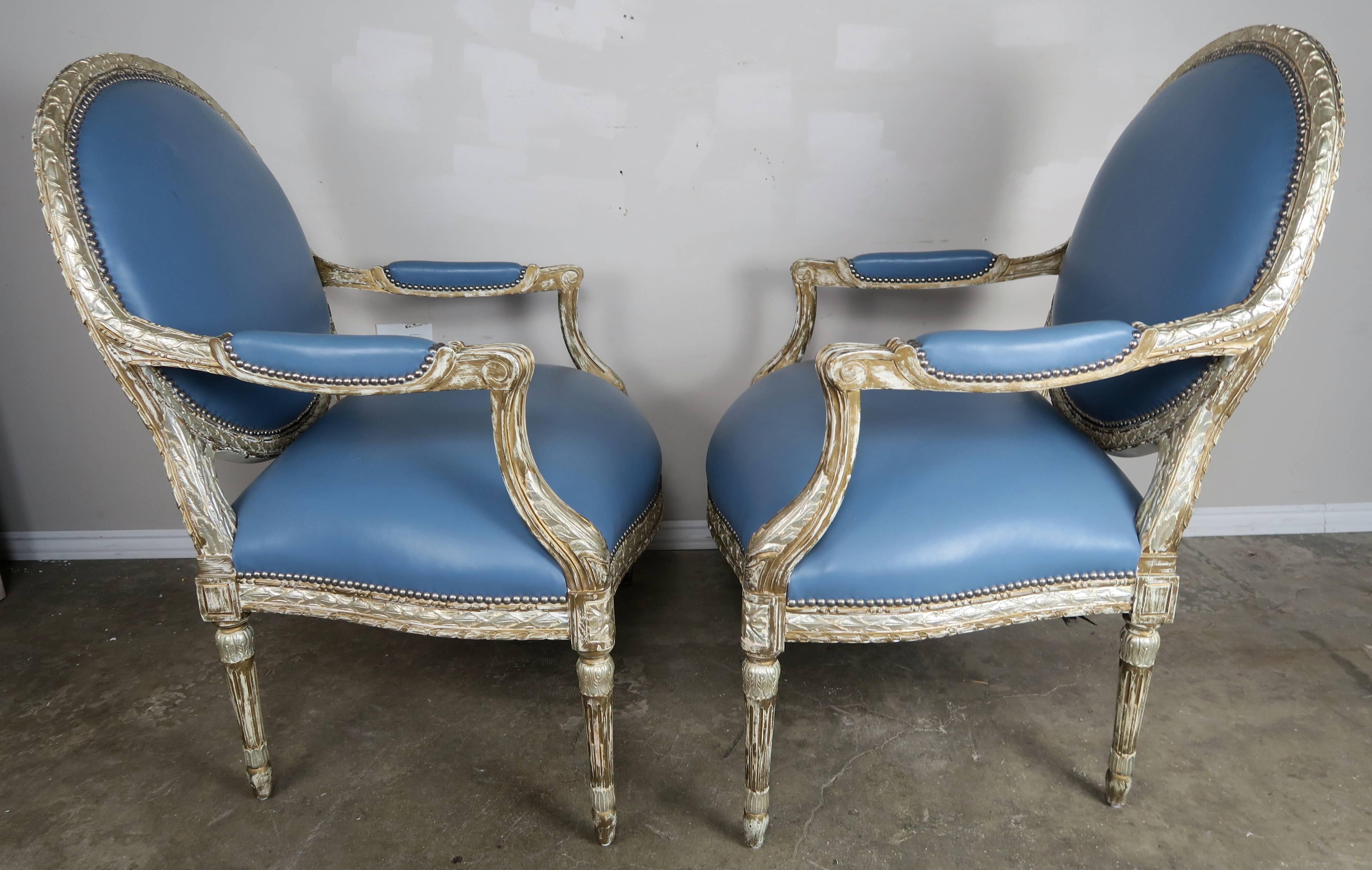 Unknown Silver Leaf Neoclassical Style Leather Armchairs, Pair