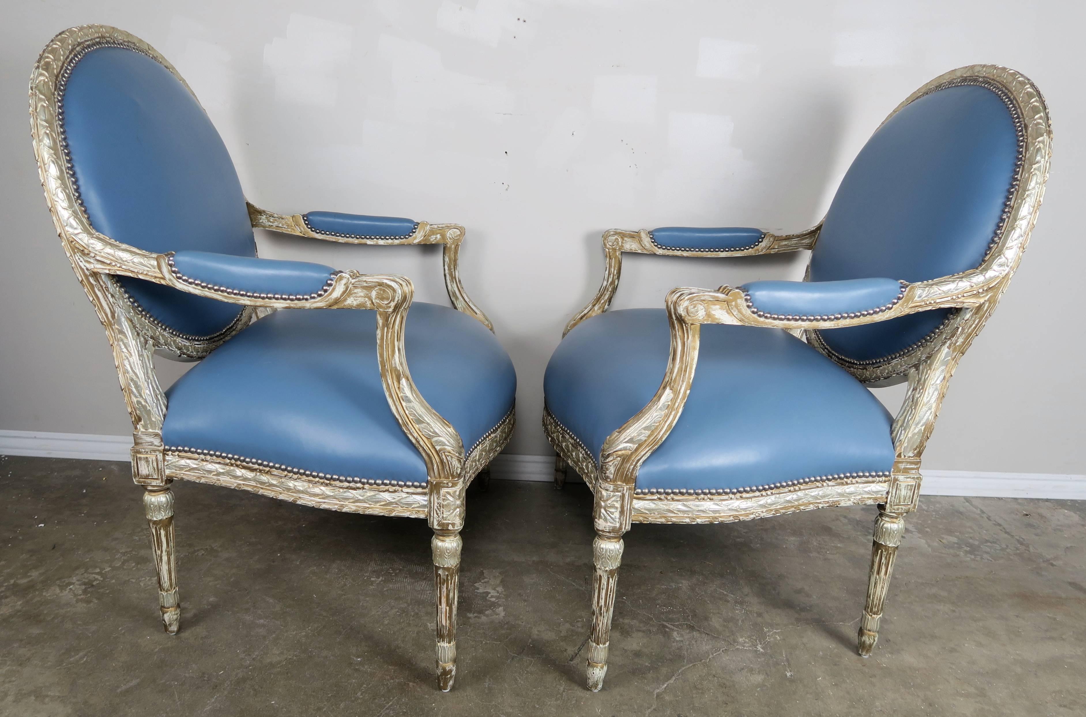 20th Century Silver Leaf Neoclassical Style Leather Armchairs, Pair