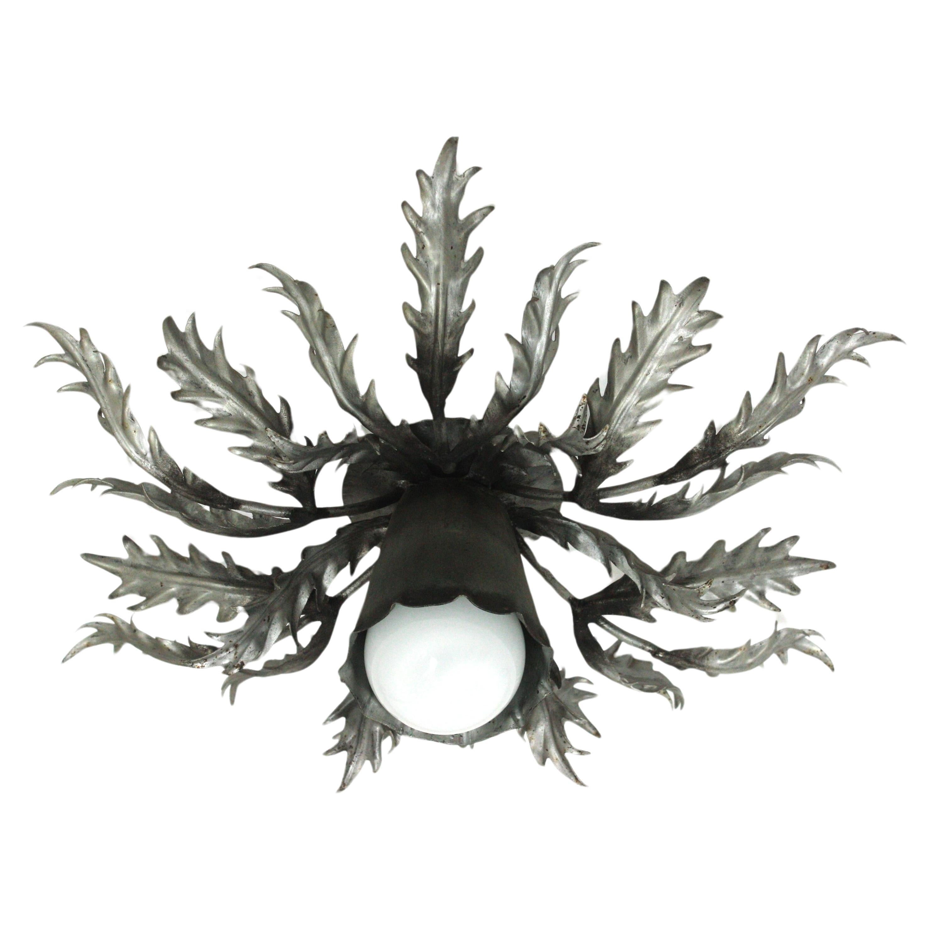 Silver Leaf Spanish Foliage Sunburst Flush Mount Light Fixture For Sale 12