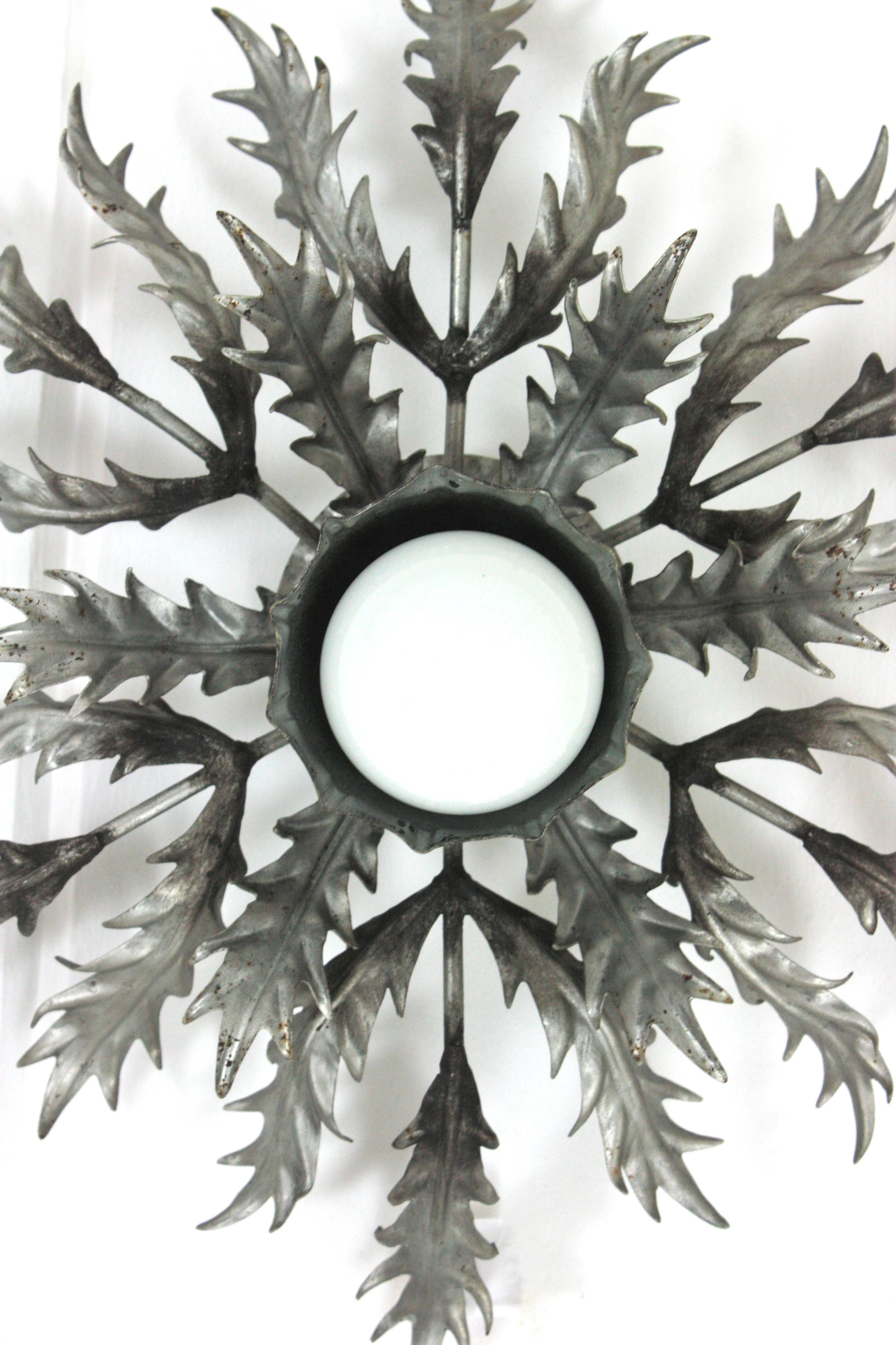 Silver Leaf Spanish Foliage Sunburst Flush Mount Light Fixture In Good Condition For Sale In Barcelona, ES