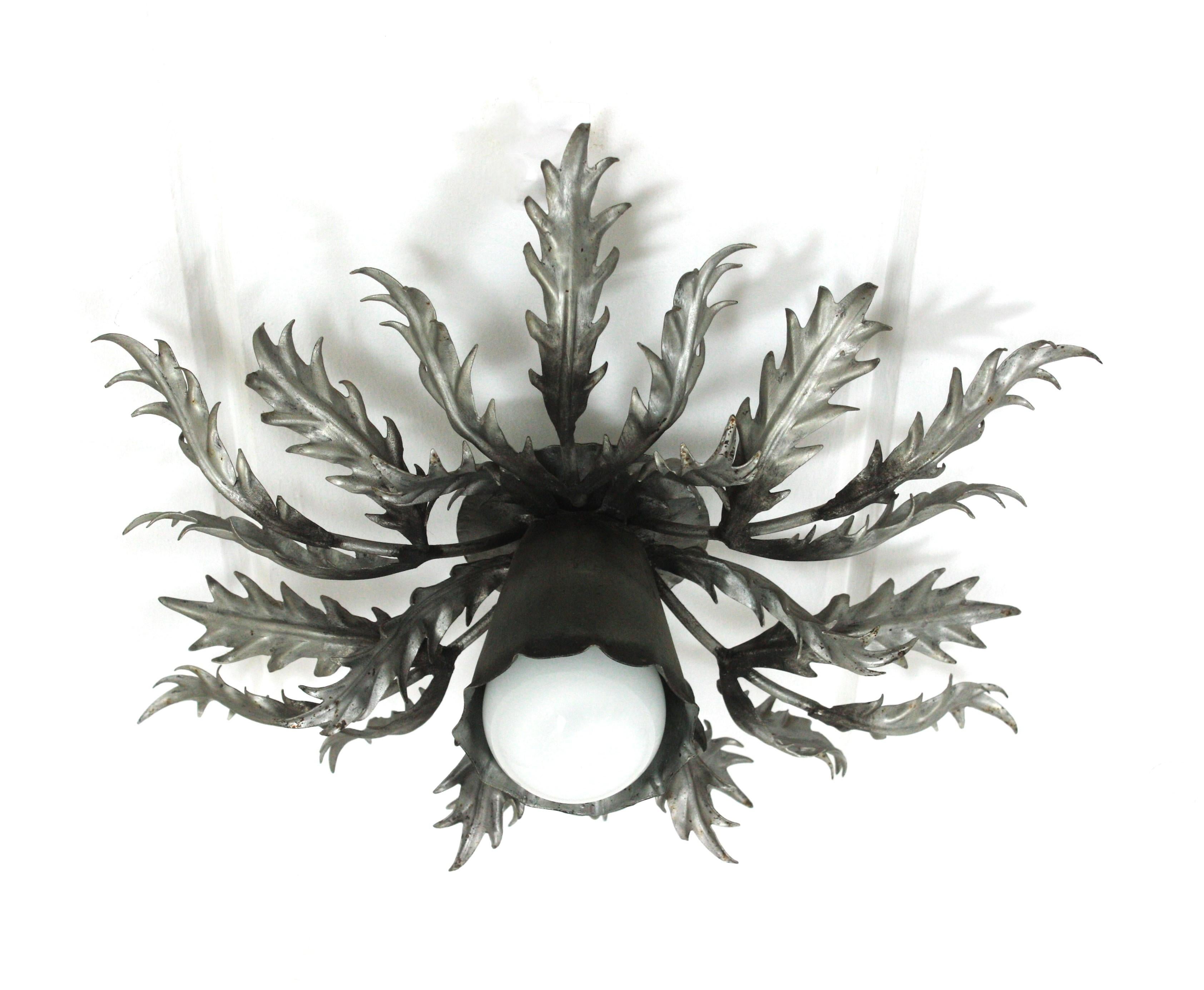 20th Century Silver Leaf Spanish Foliage Sunburst Flush Mount Light Fixture For Sale