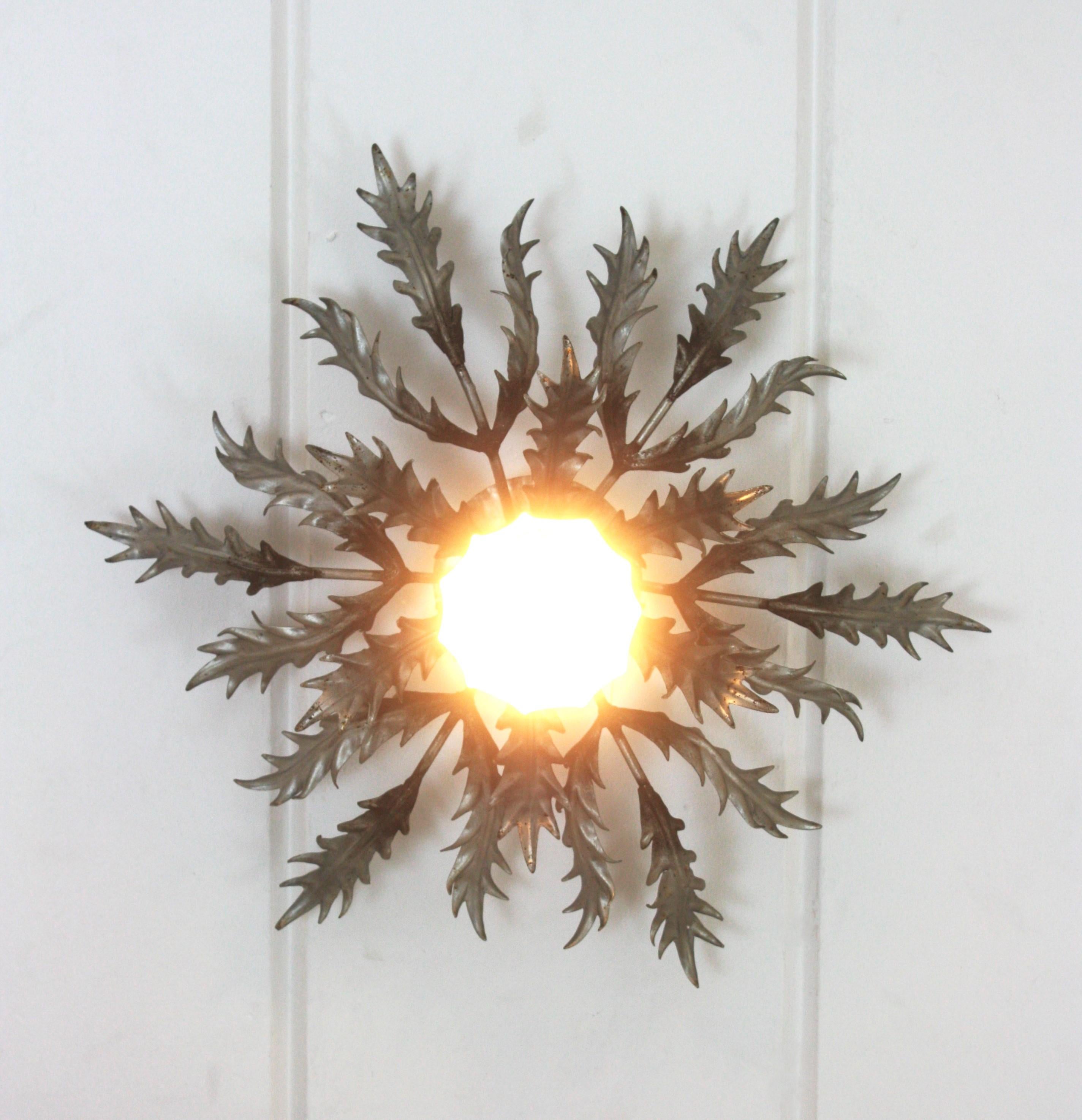 Metal Silver Leaf Spanish Foliage Sunburst Flush Mount Light Fixture For Sale
