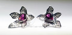 Rhodolite Garnet Silver Leaf Stud Earrings