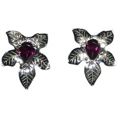 Rhodolite Garnet Silver Leaf Stud Earrings