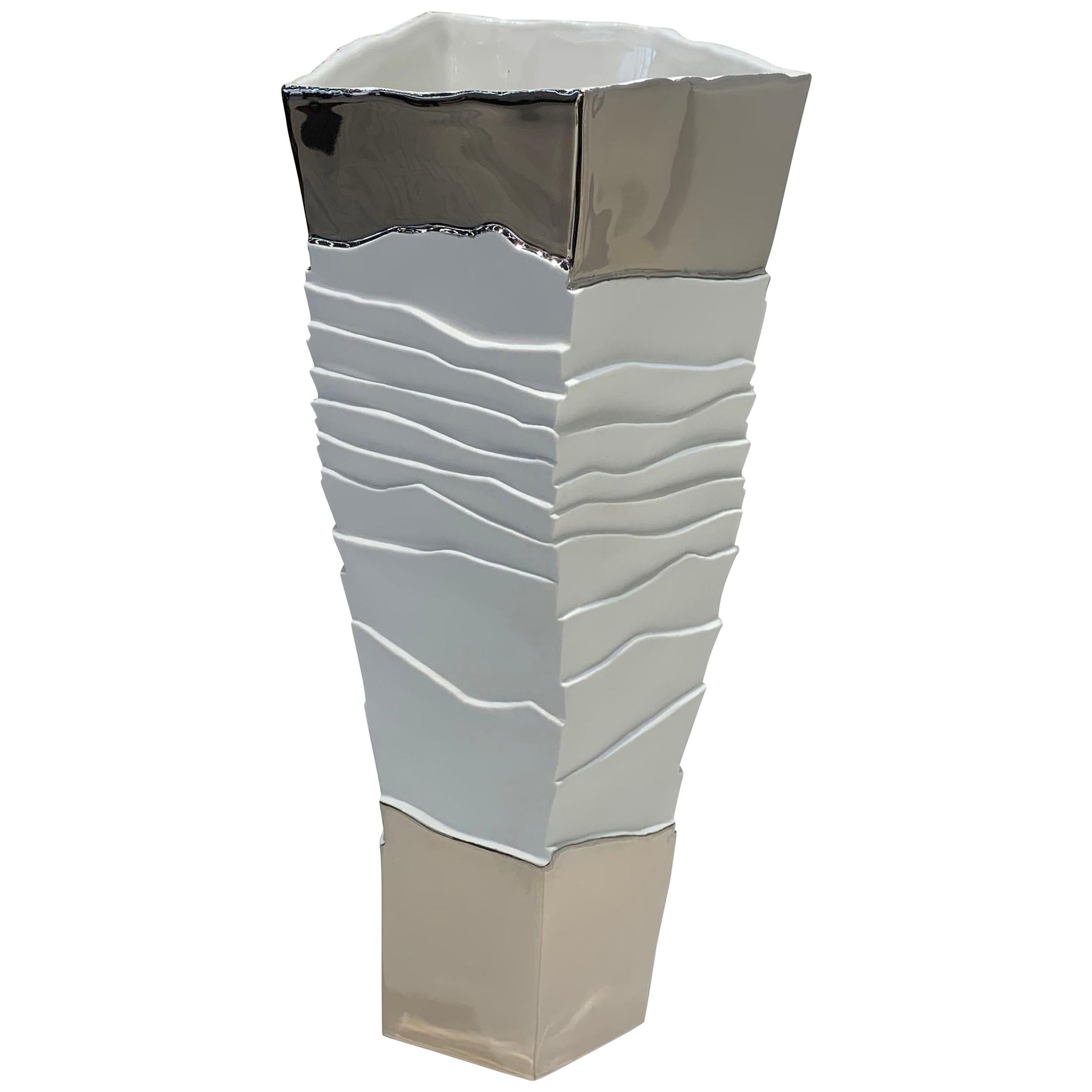 Silver Leaf Top and Bottom Porcelain Ribbed Vase, Italy, Contemporary