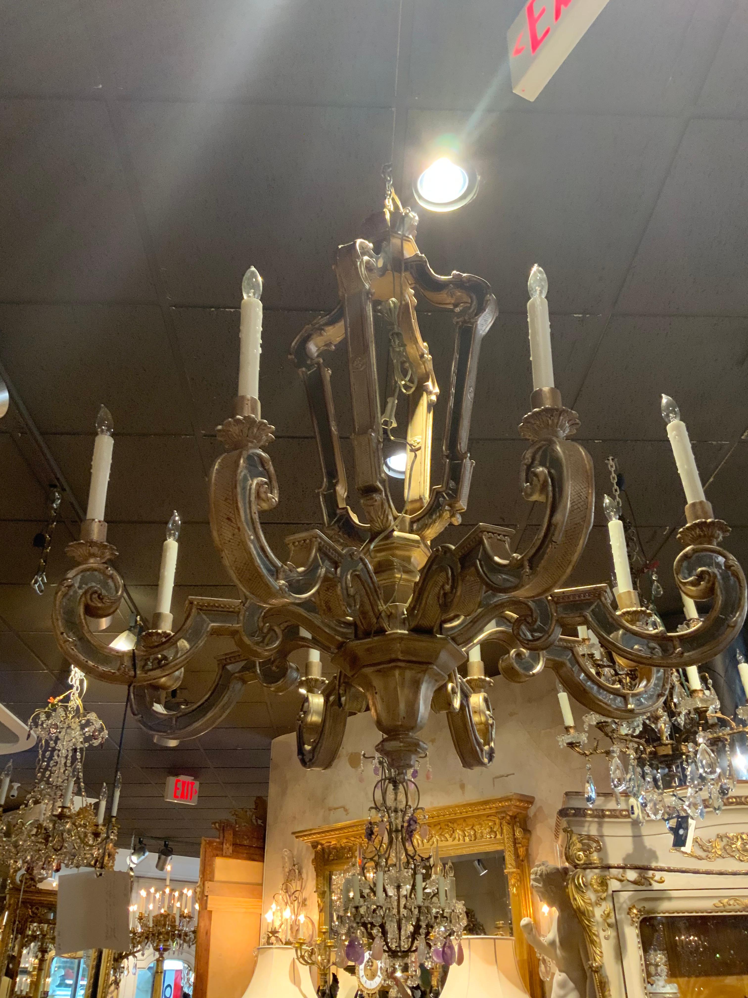 Hollywood Regency Silver Leaf Wood Carved Chandelier with Mirrors Inlaid and Scrolling Arms