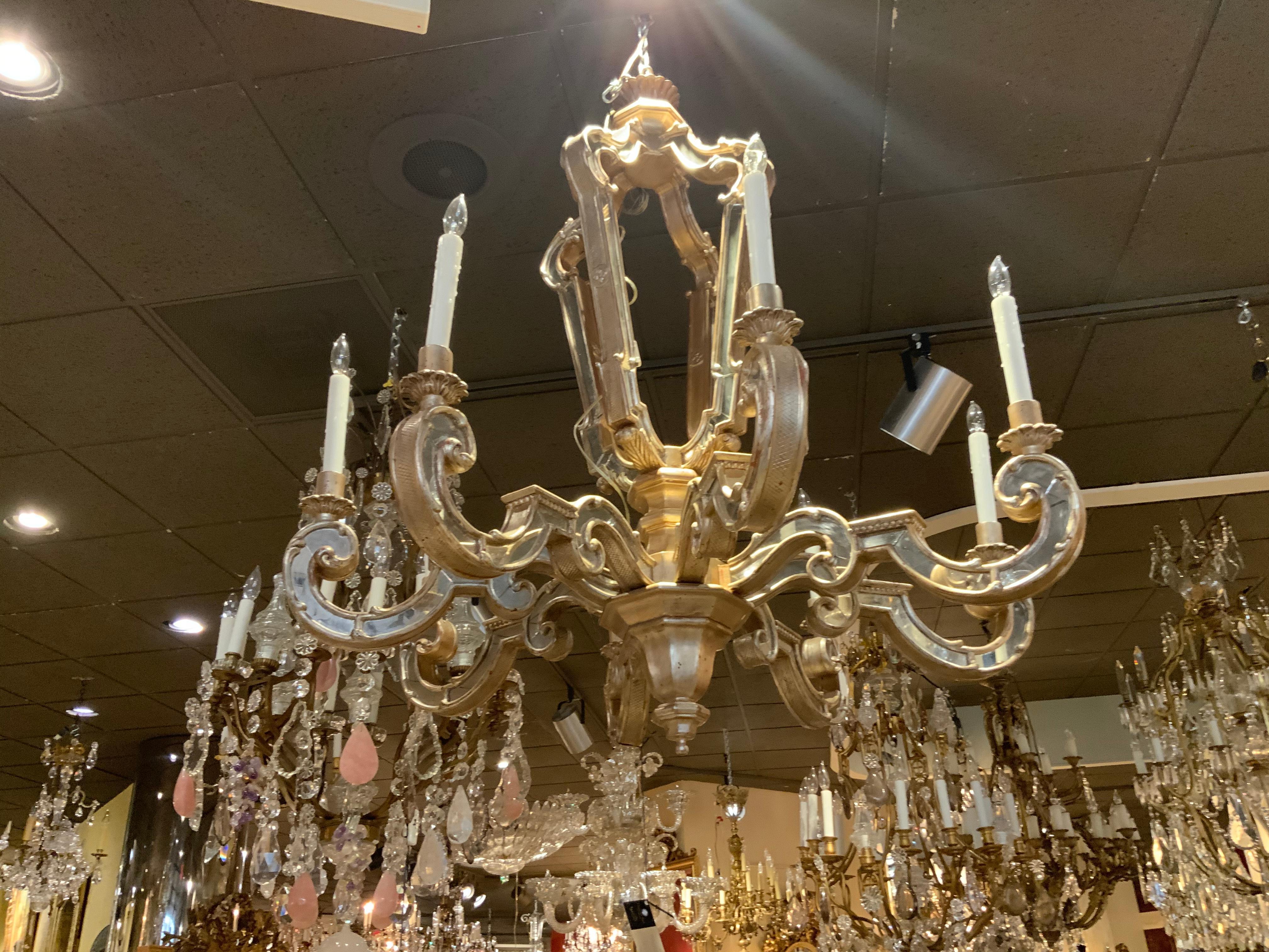 Gilt Silver Leaf Wood Carved Chandelier with Mirrors Inlaid and Scrolling Arms