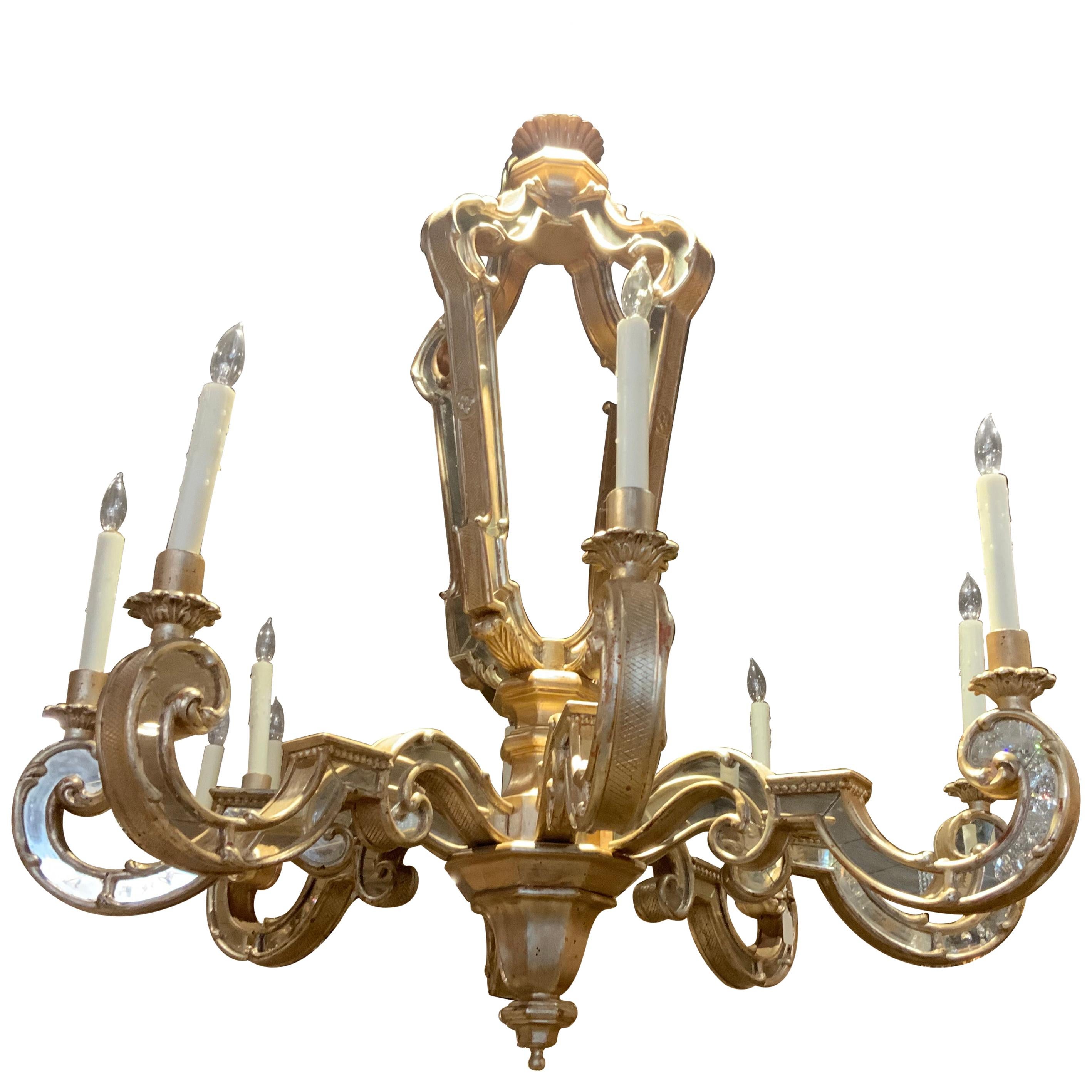 Silver Leaf Wood Carved Chandelier with Mirrors Inlaid and Scrolling Arms