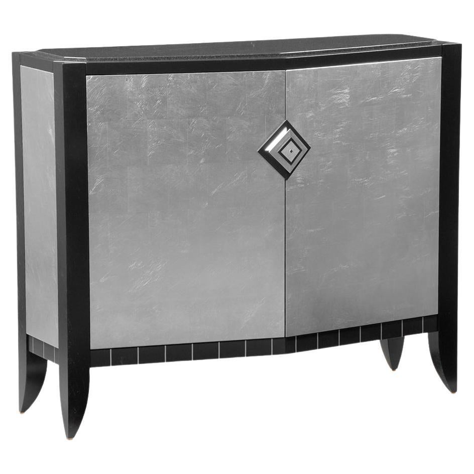 Silver Leafed Chevron Accent Storage Console Cabinet Buffet by Lee Weitzman For Sale