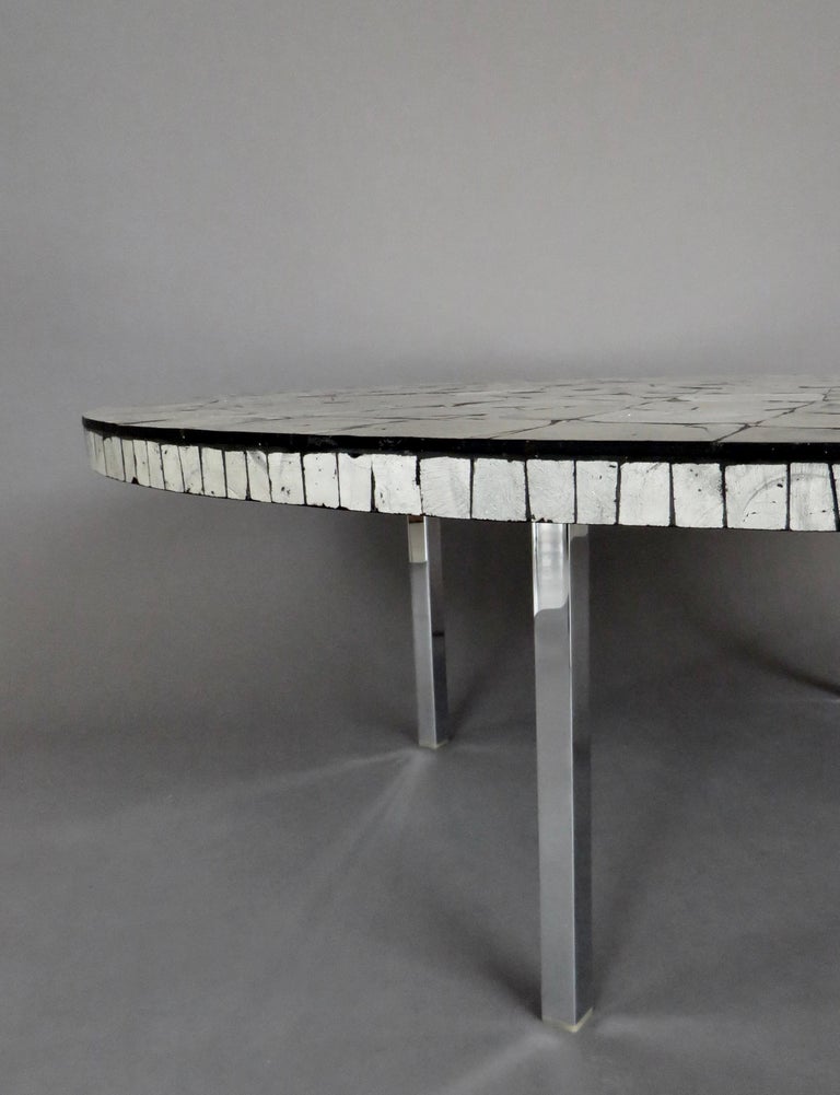 Silver Leafed Glass Mosaic French Round Coffee Table on Chrome Legs For