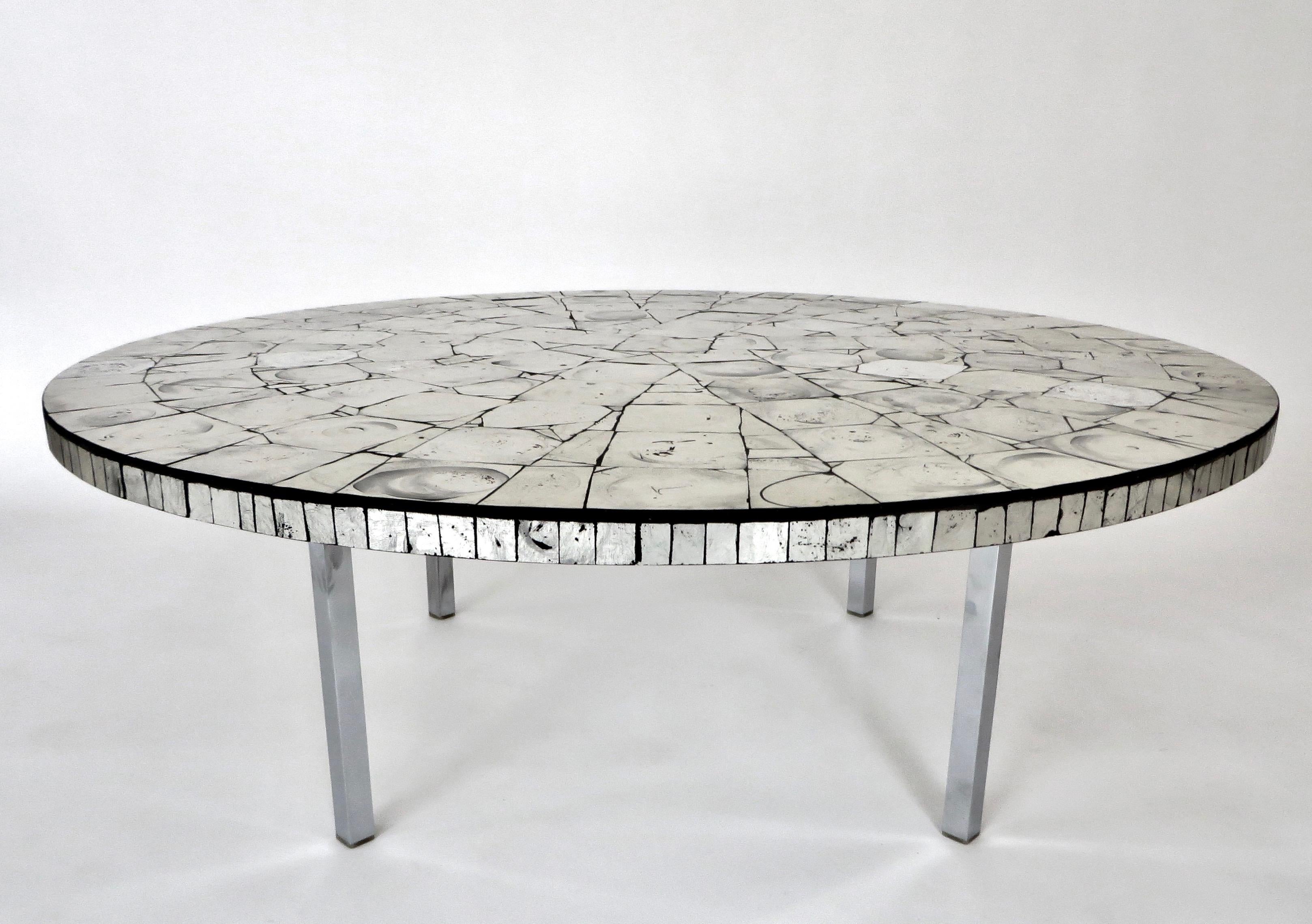 Mid-Century Modern Silver Leafed Glass Mosaic French Round Coffee Table on Chrome Legs