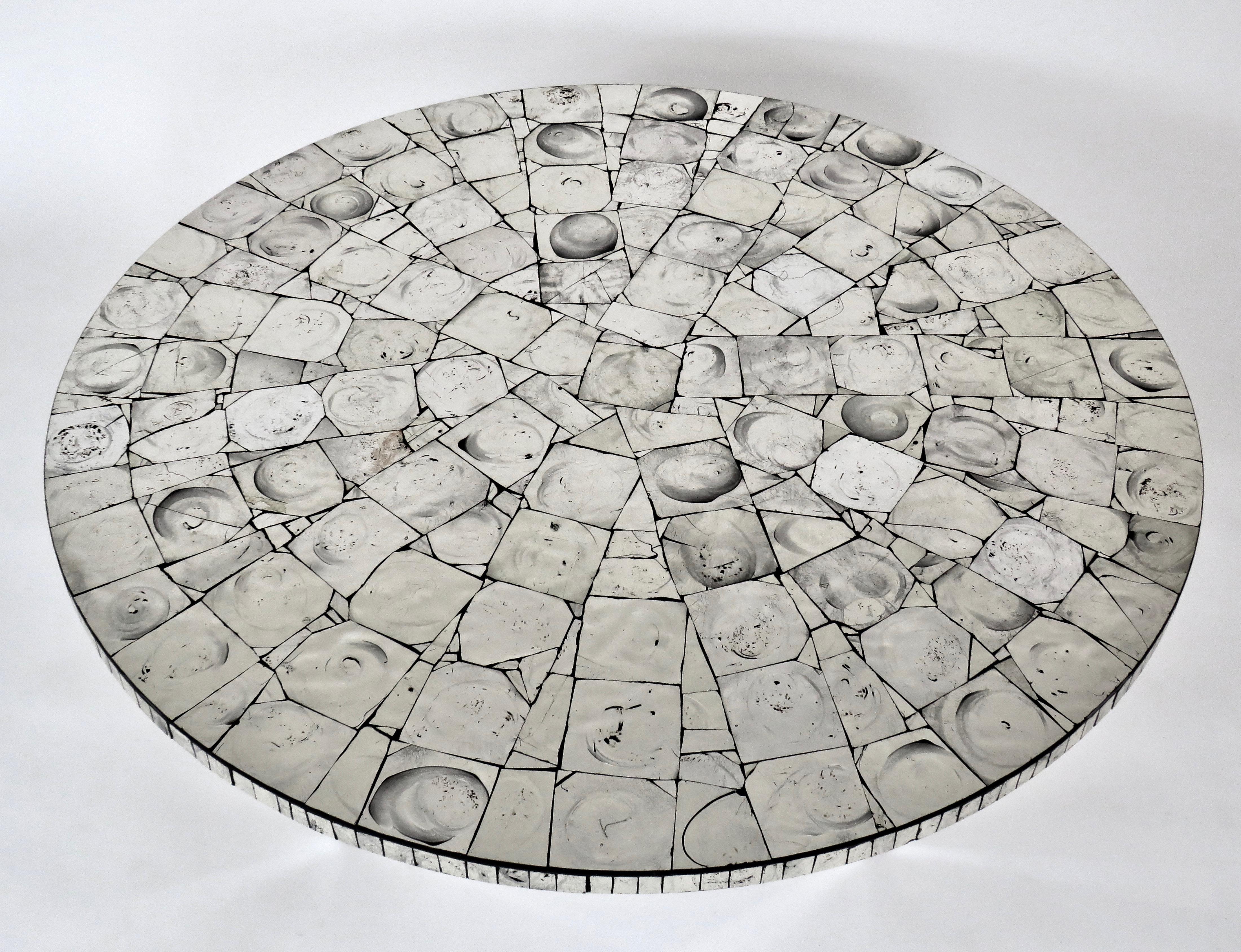 Silver Leafed Glass Mosaic French Round Coffee Table on Chrome Legs In Good Condition In Chicago, IL