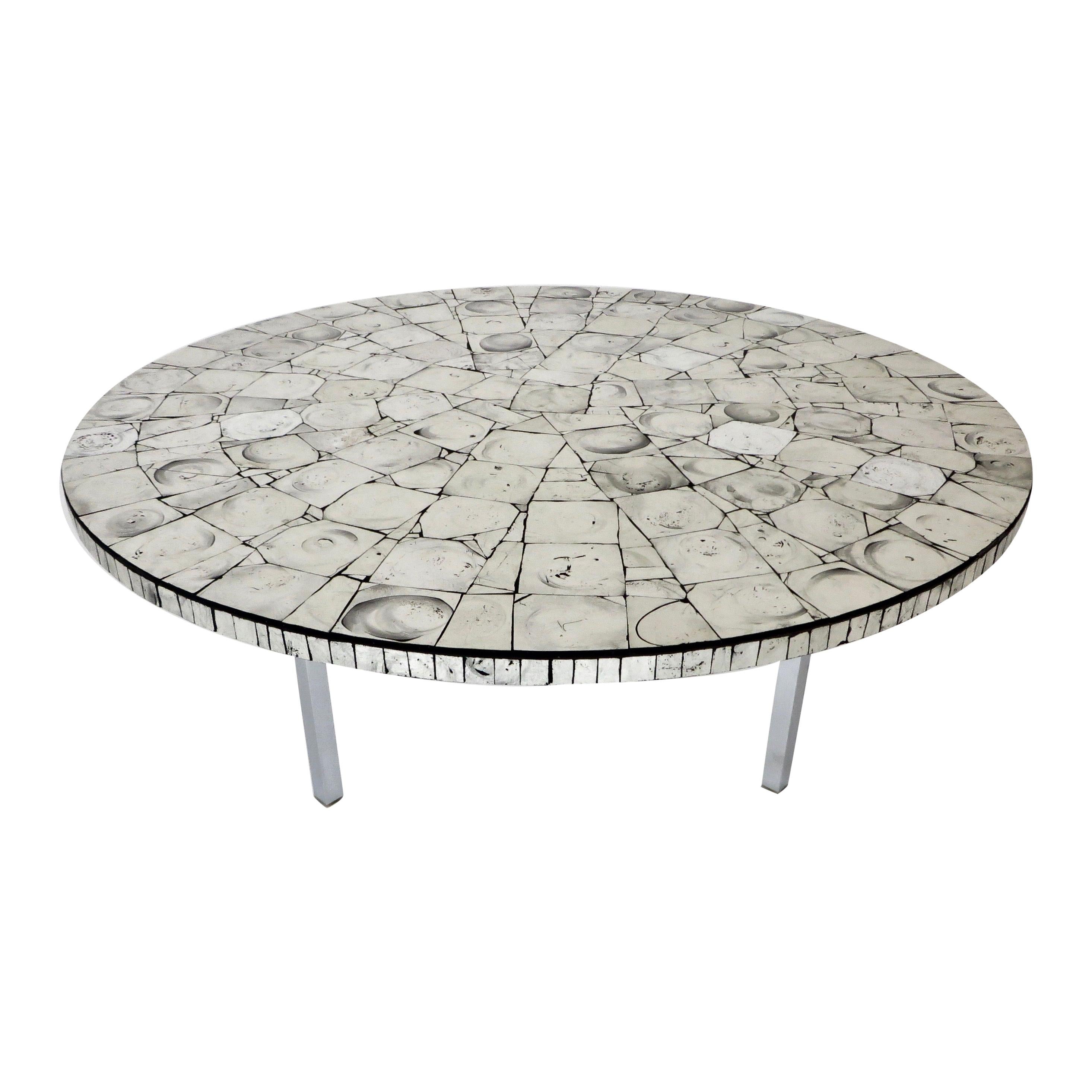 Silver Leafed Glass Mosaic French Round Coffee Table on Chrome Legs