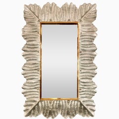 Silver-Leafed Murano Glass Leaf Motif Mirror With Brass Studs