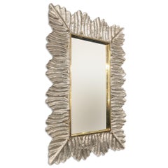 Silver-Leafed Murano Glass Leaf Motif Mirror With Brass Studs