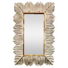 Silver-Leafed Murano Glass Leaf Motif Mirror With Brass Studs